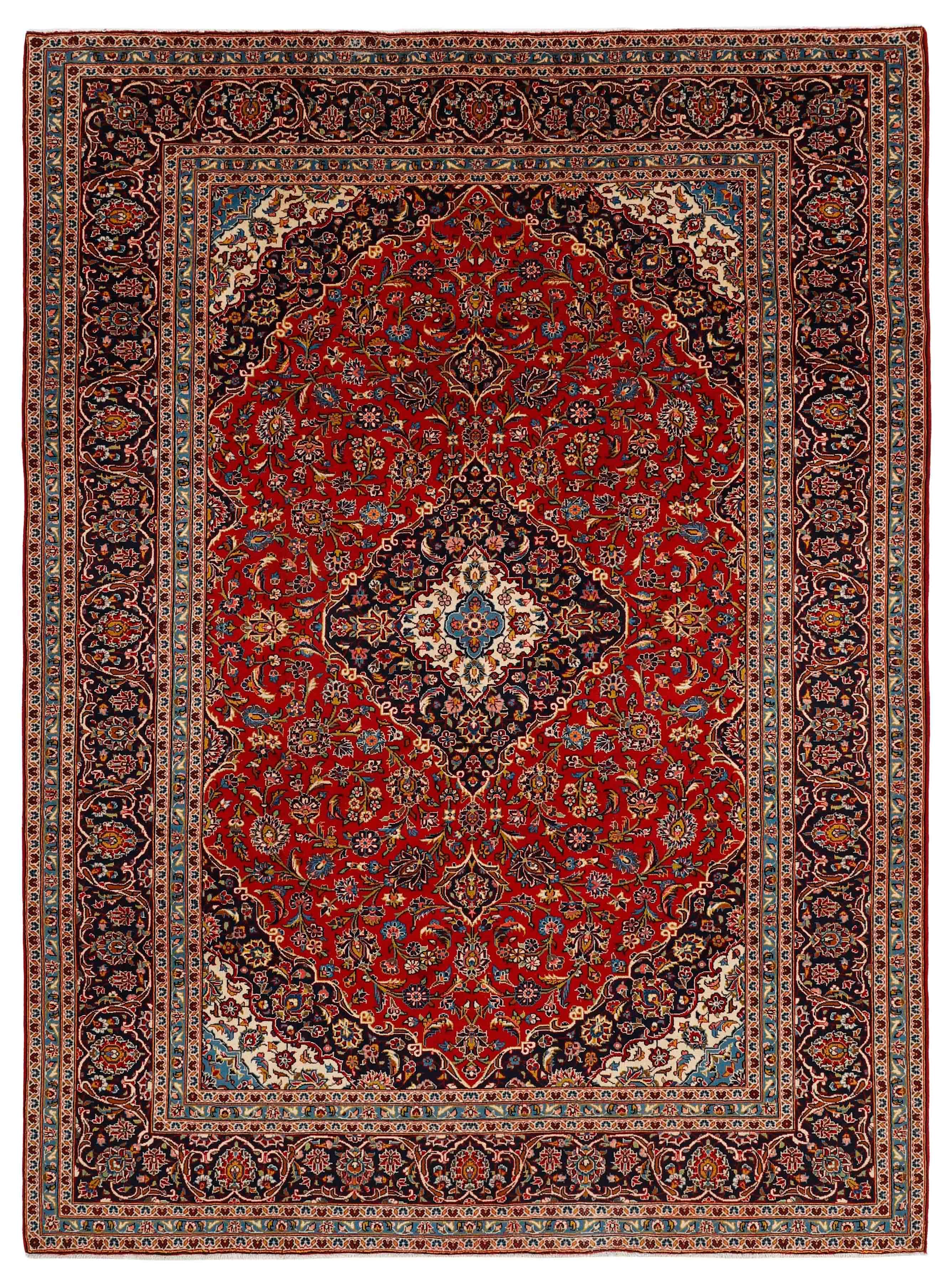 Authentic persian rug with traditional floral design in red and blue