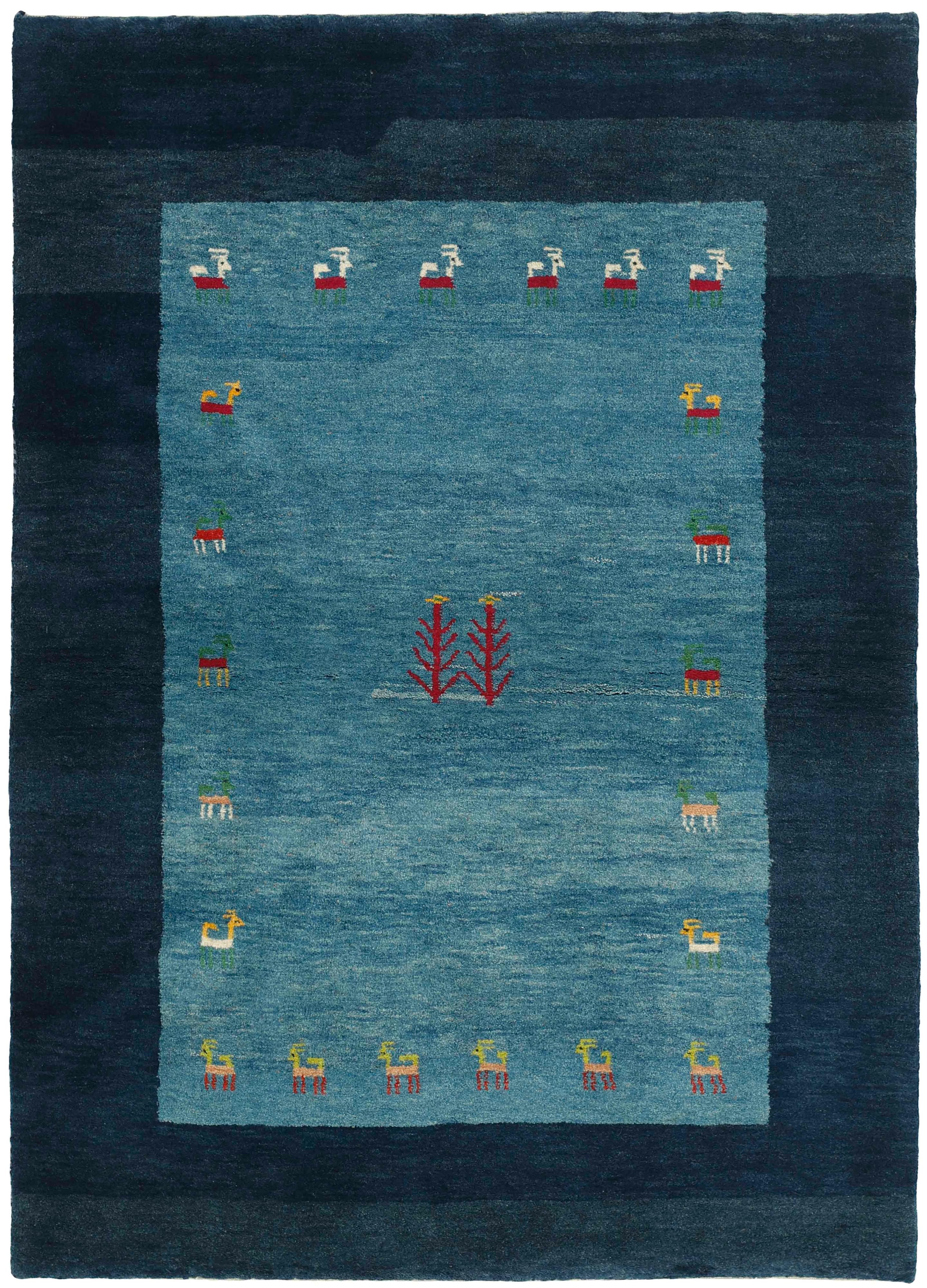 authentic persian rug with geometric tribal design in beige, red, yellow and blue