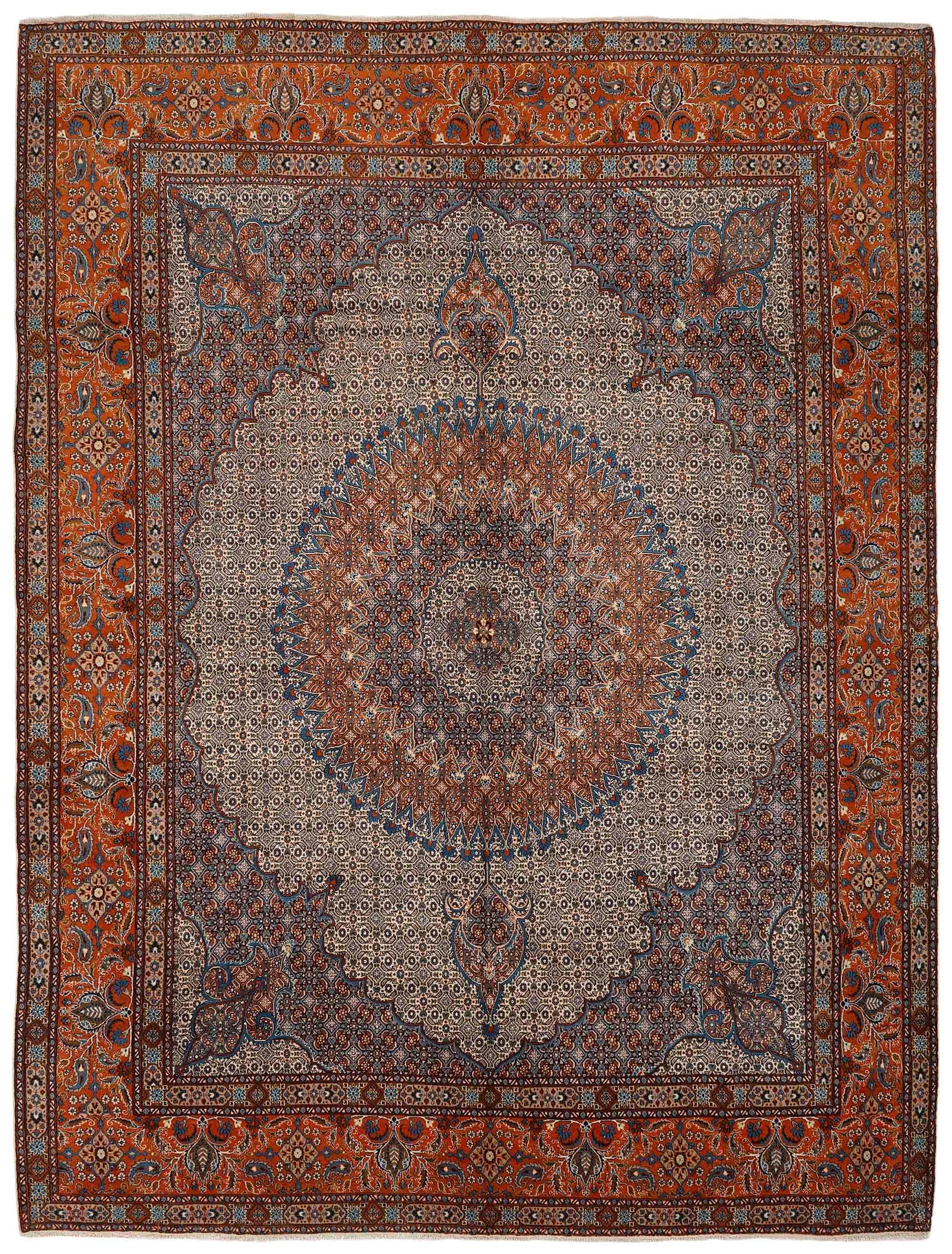 authentic persian rug with traditional floral pattern in cream, blue and red