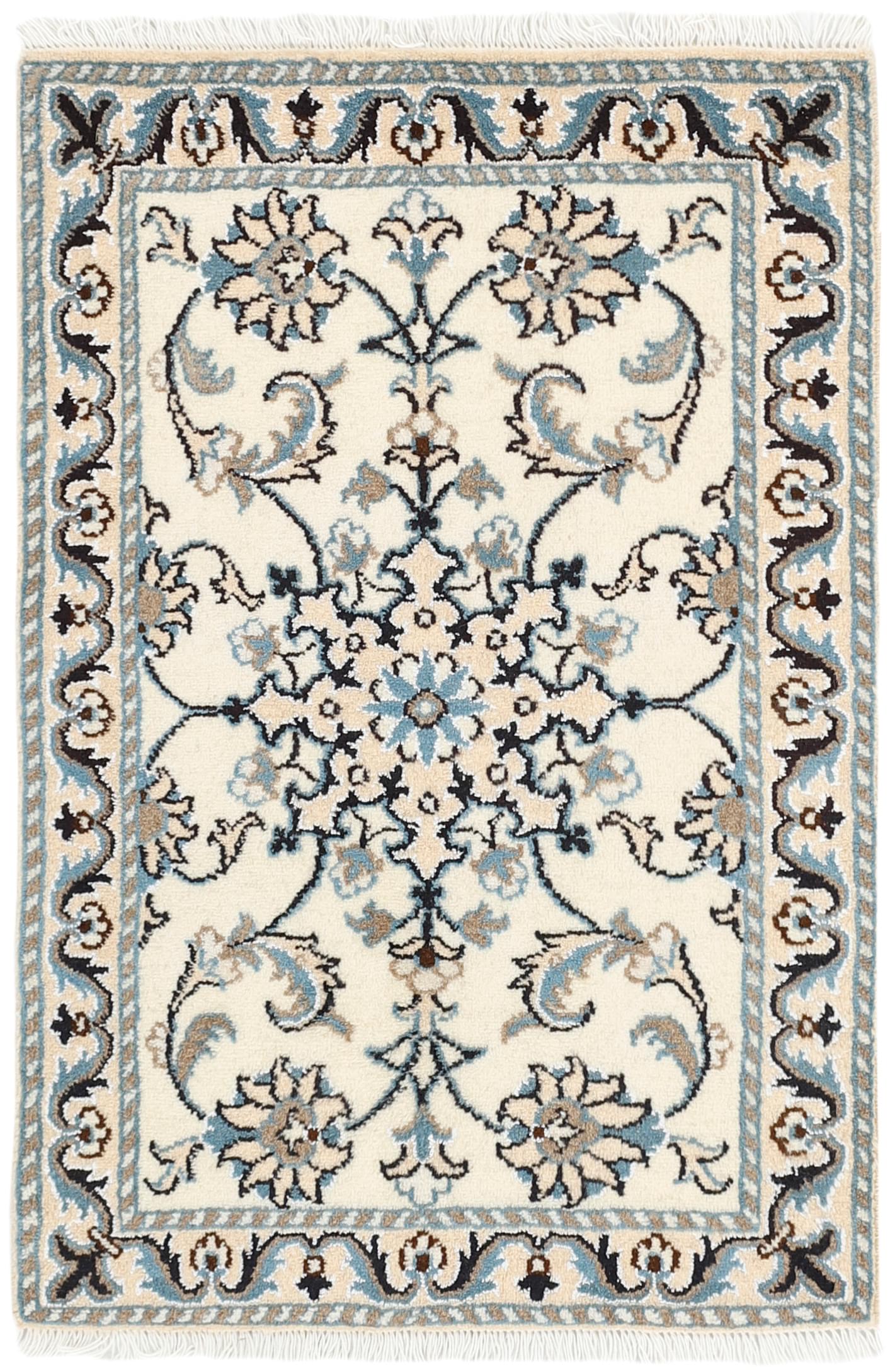 Authentic persian rug with a traditional floral design in cream and blue