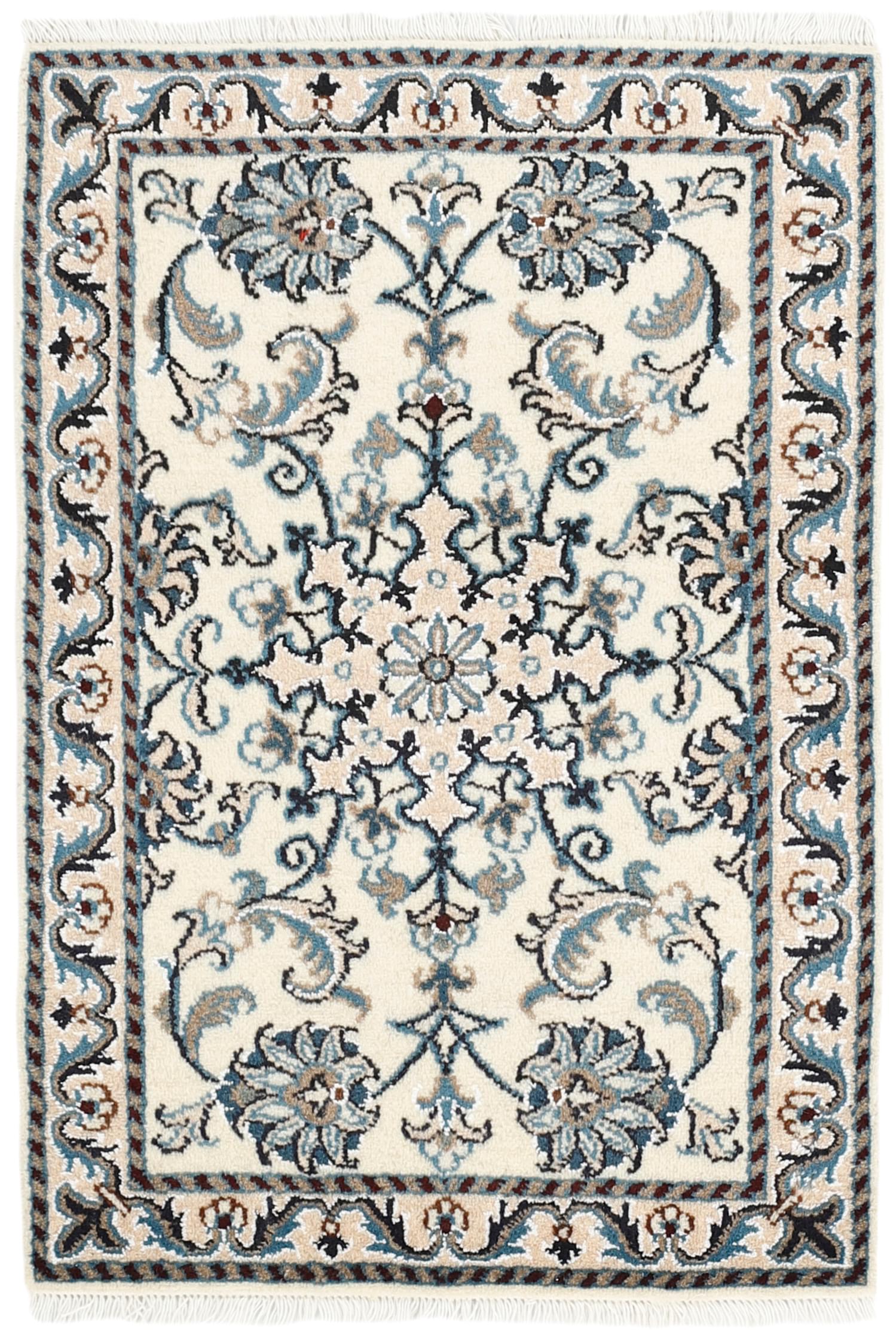 Authentic persian rug with a traditional floral design in cream and blue