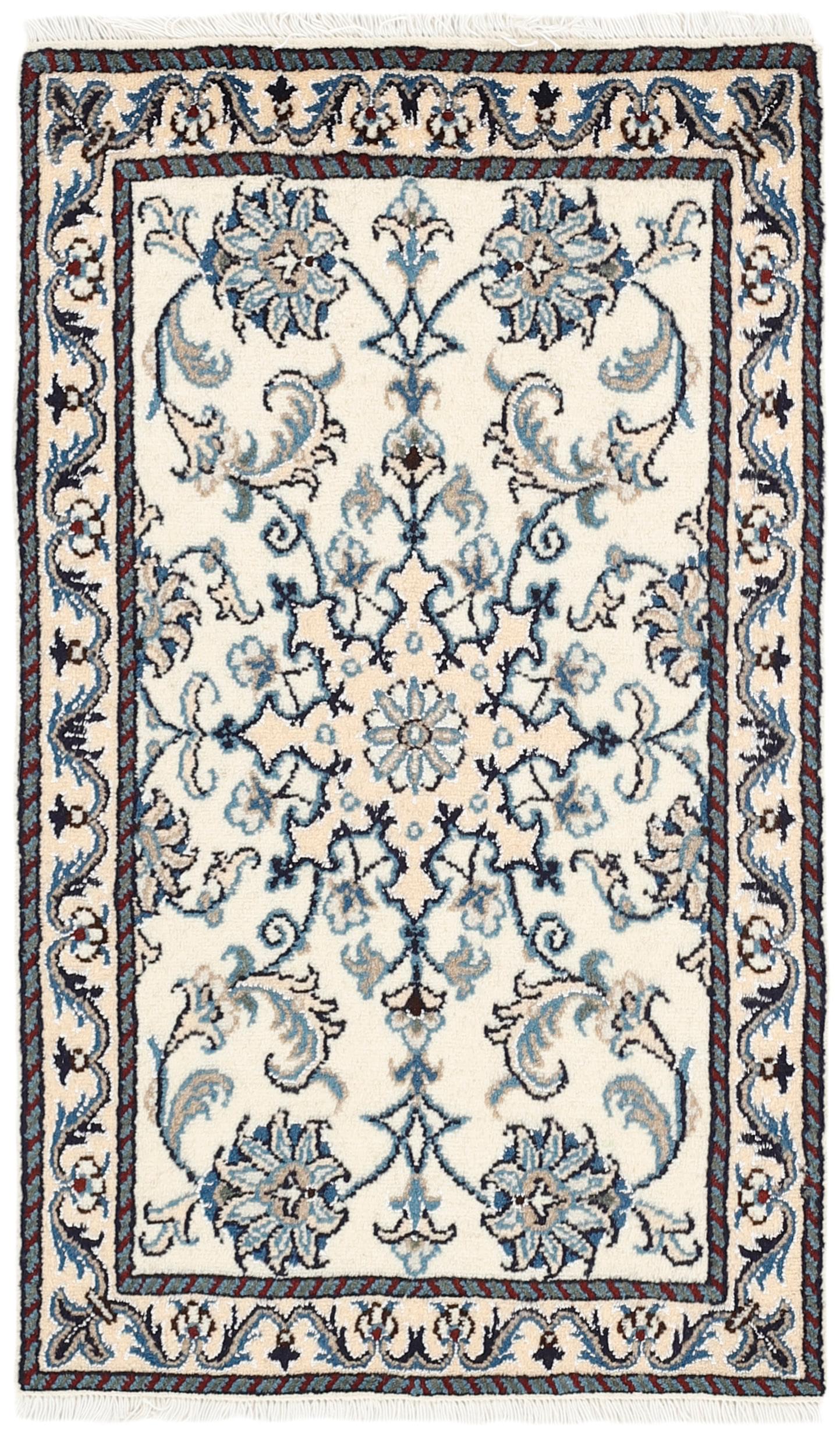Authentic persian rug with a traditional floral design in cream and blue