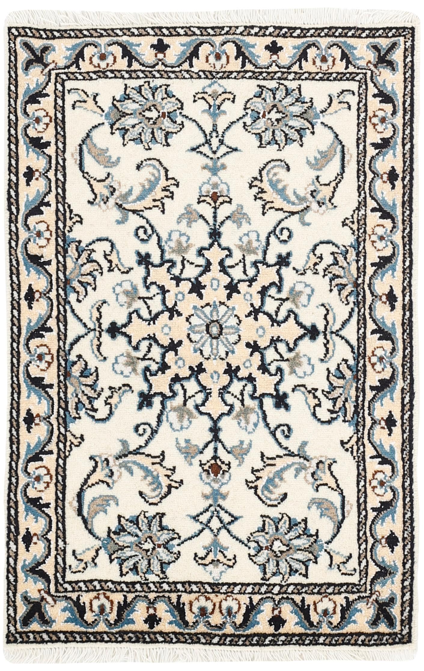Authentic persian rug with a traditional floral design in cream and blue