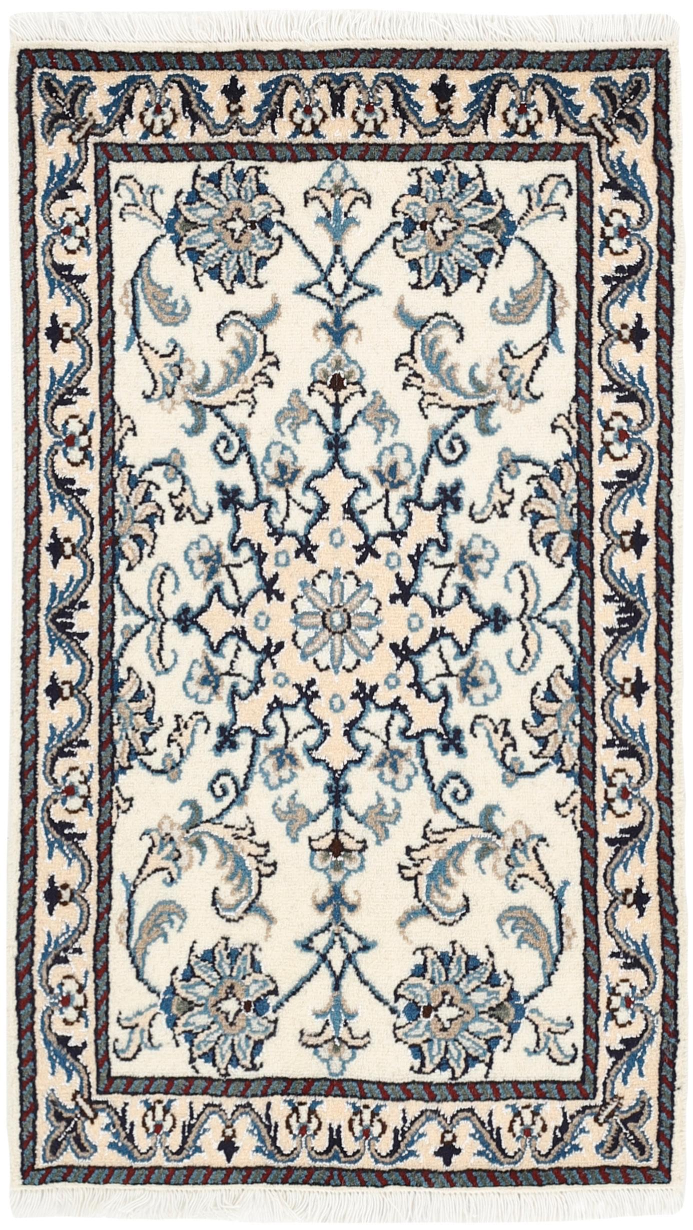 Authentic persian rug with a traditional floral design in cream and blue