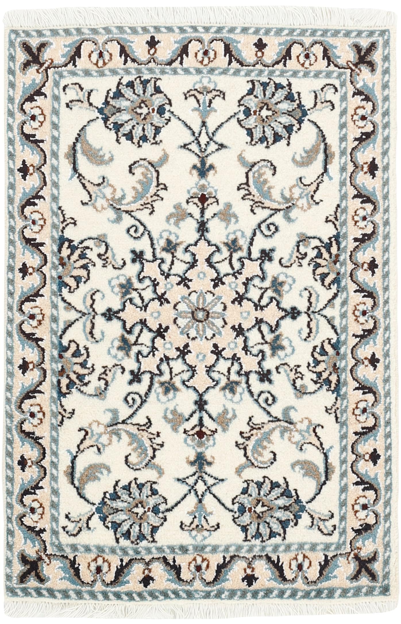 Authentic persian rug with a traditional floral design in cream and blue