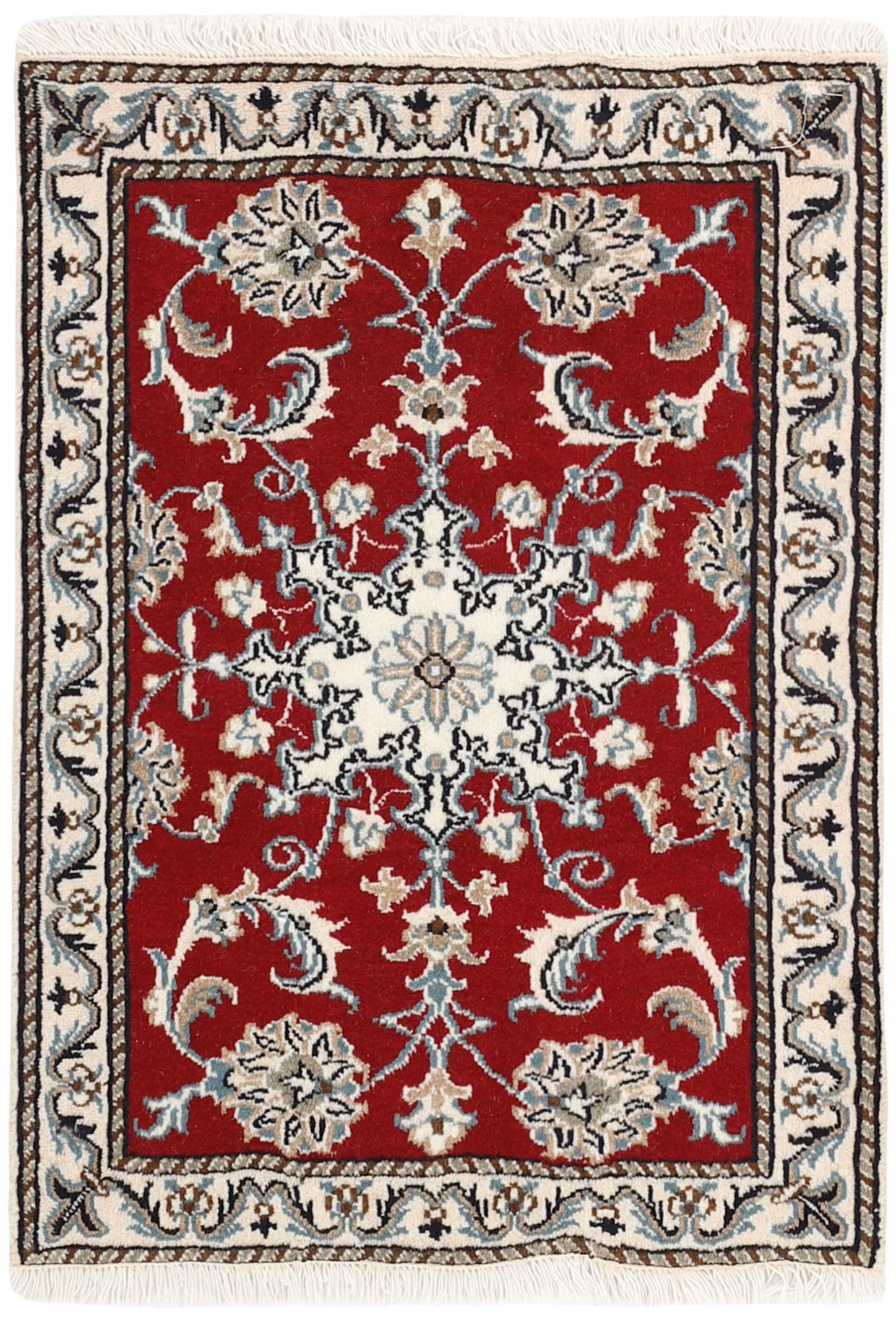 Authentic persian rug with a traditional floral design in red, beige and blue