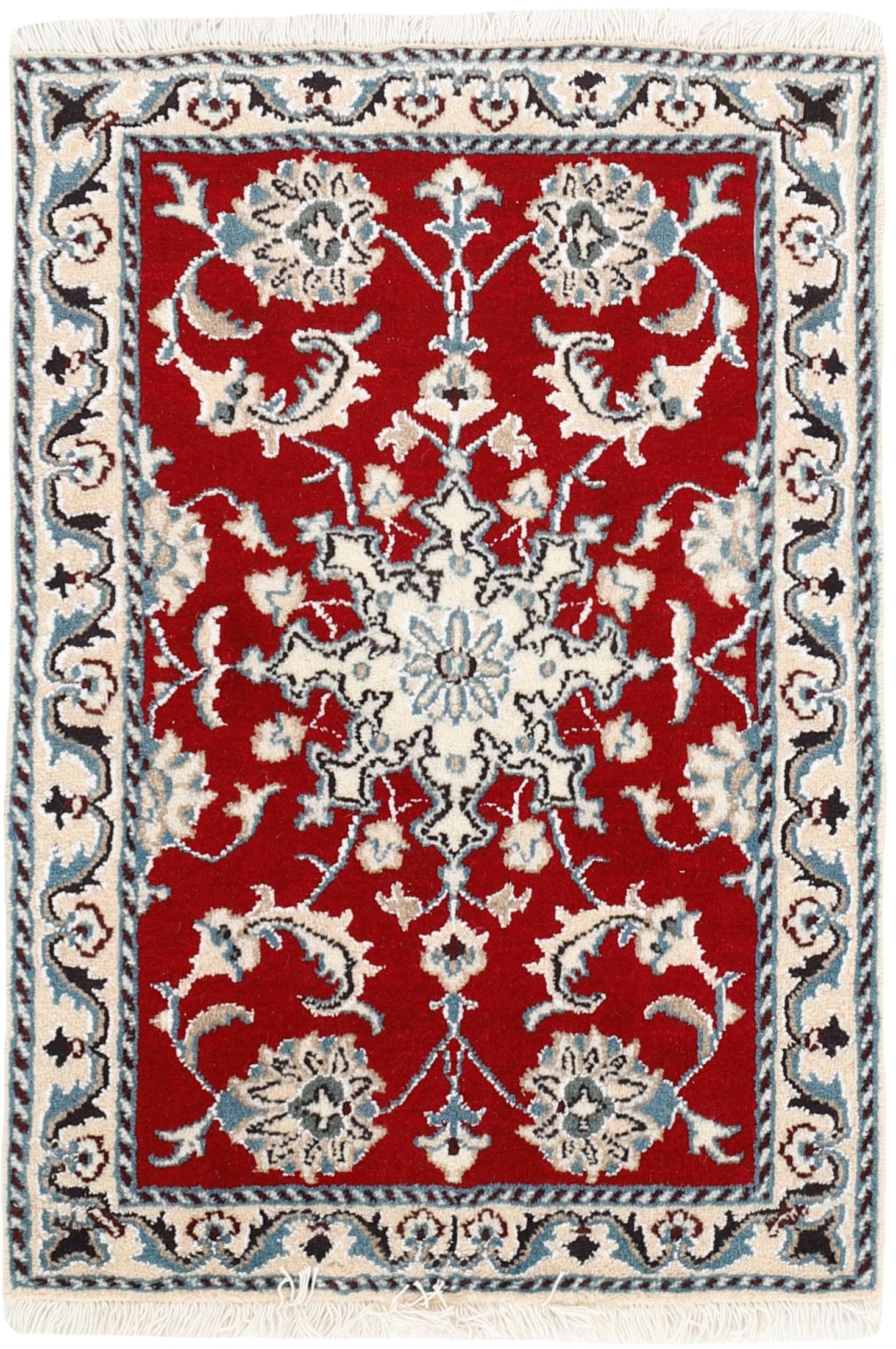 Authentic persian rug with a traditional floral design in red, beige and blue