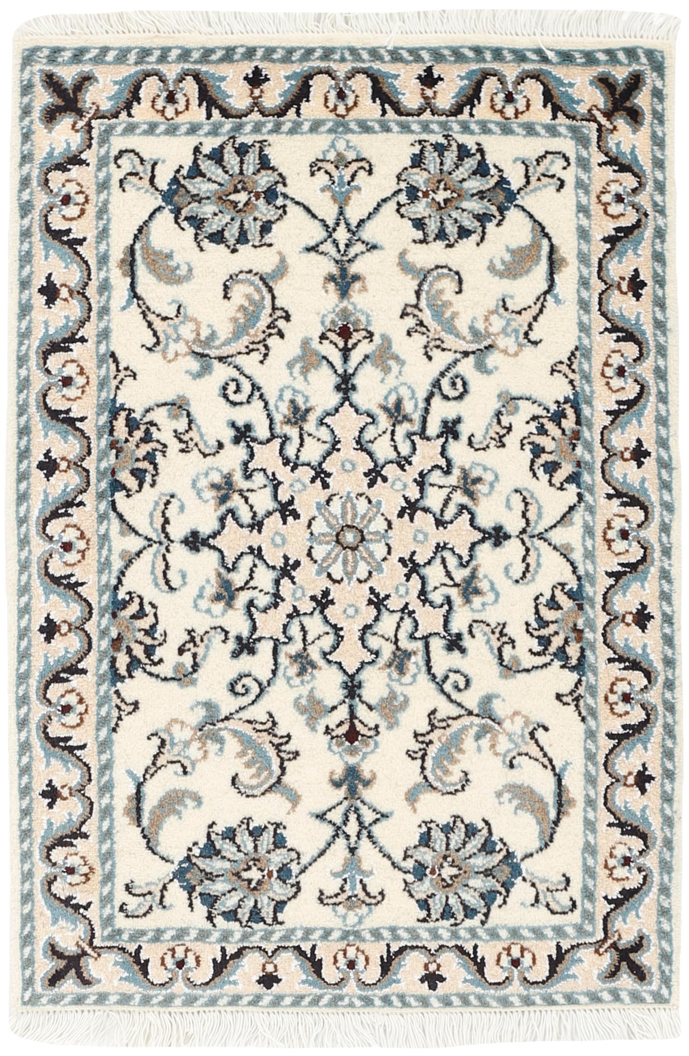 Authentic persian rug with a traditional floral design in cream and blue