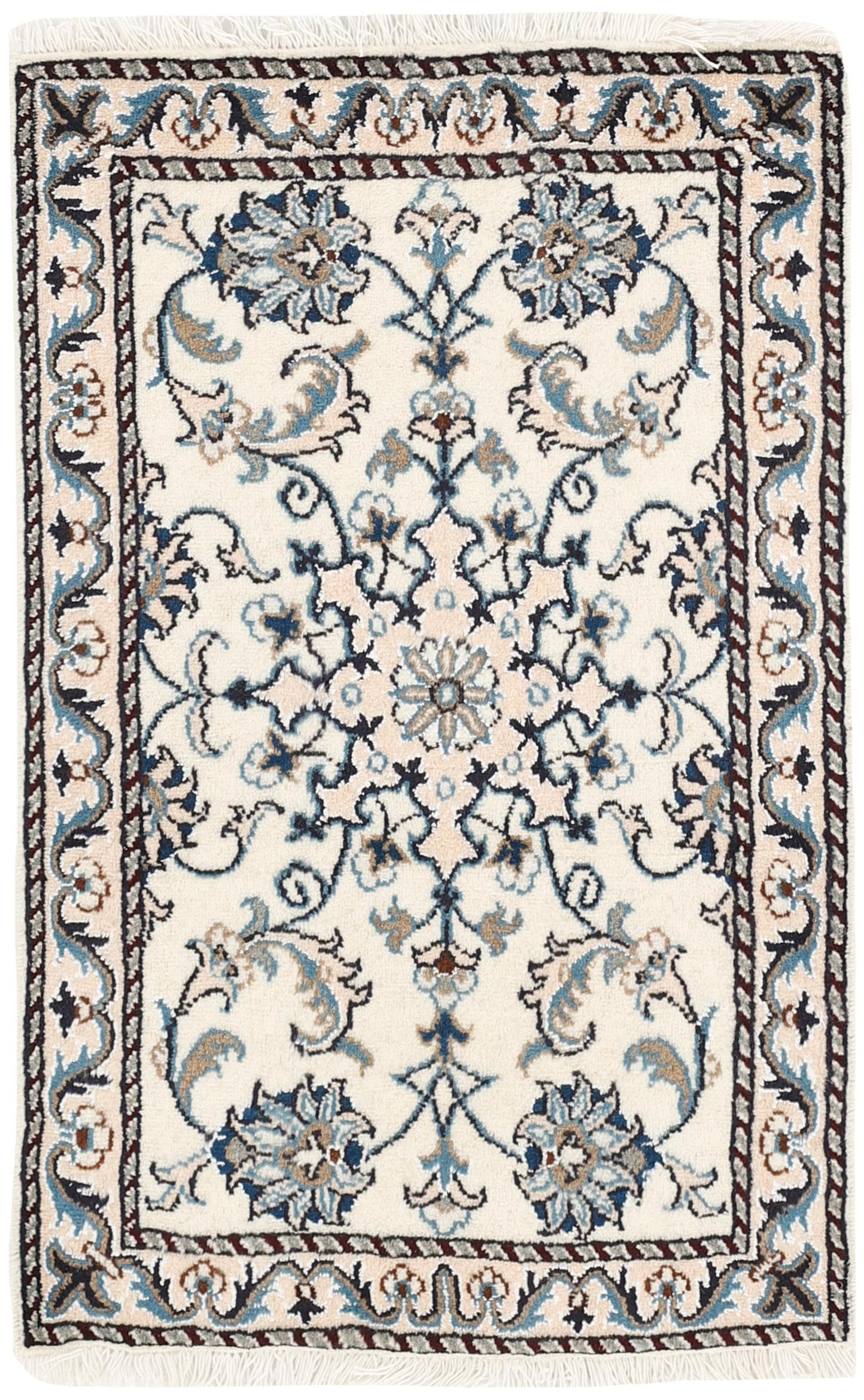 Authentic persian rug with a traditional floral design in cream and blue