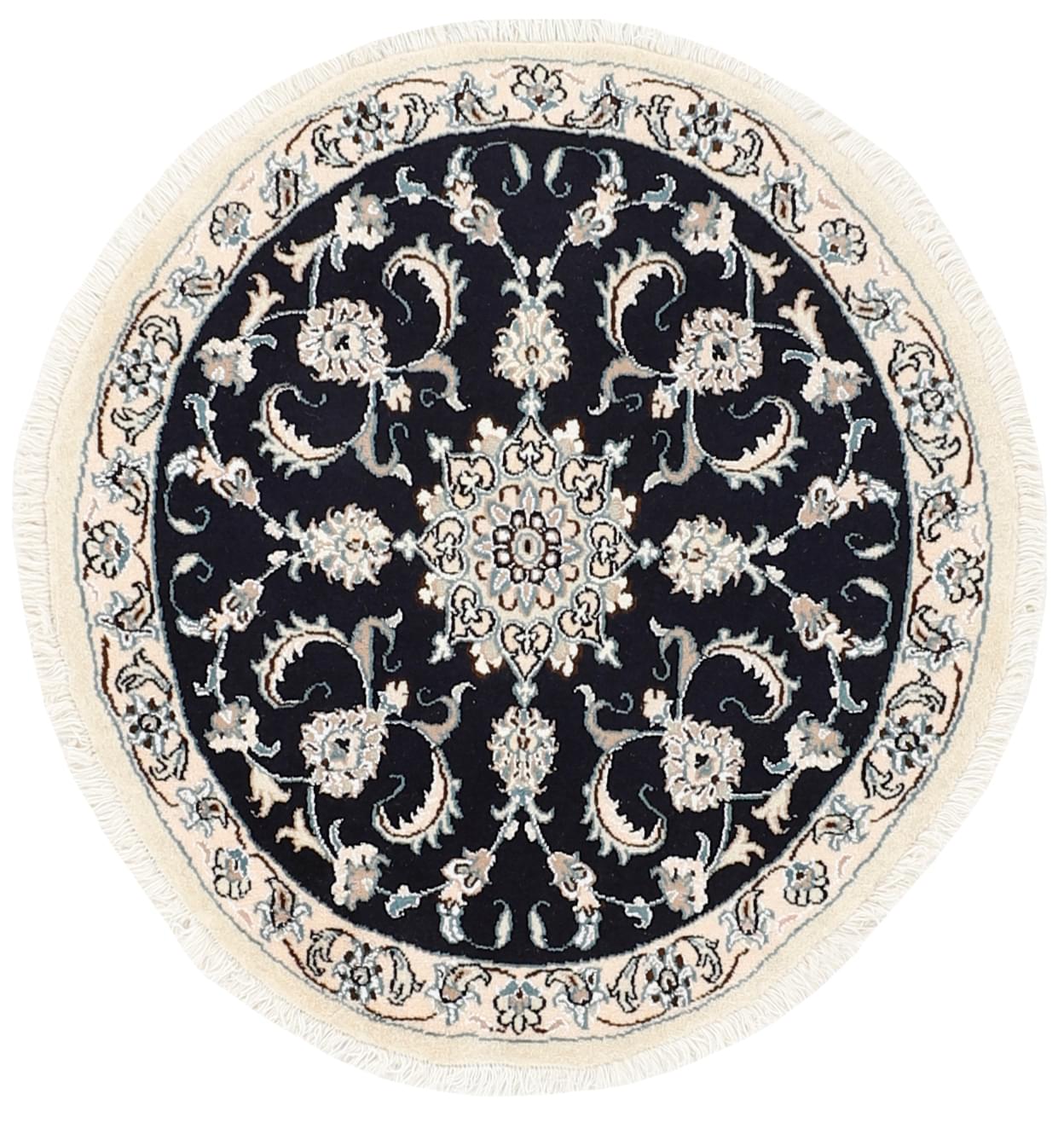 Authentic persian circle rug with a traditional floral design in black and beige