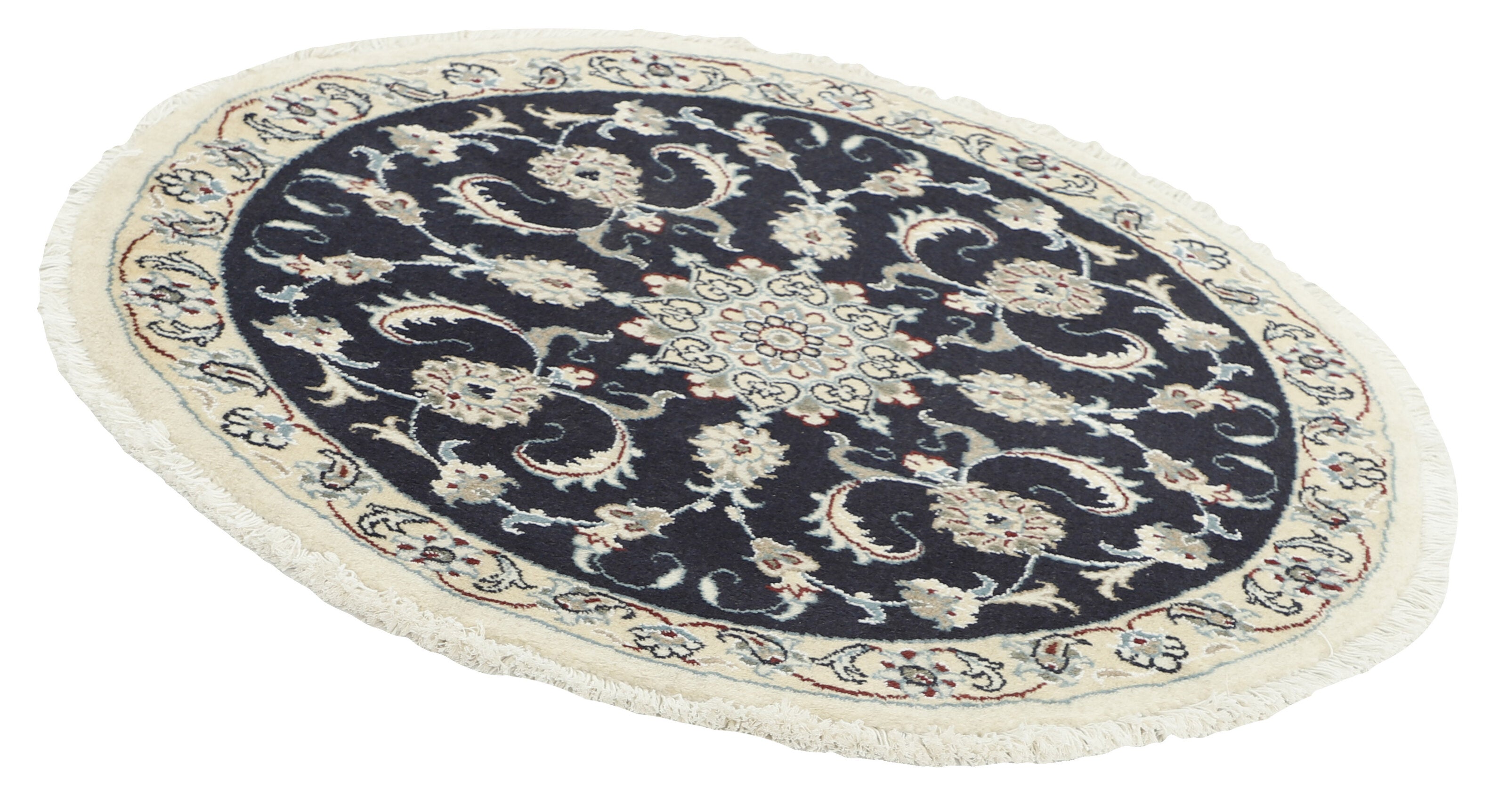Authentic persian circle rug with a traditional floral design in black and beige