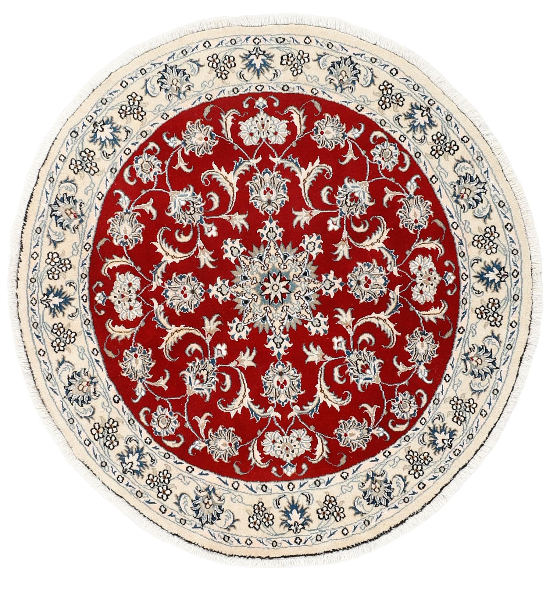 Authentic persian circle rug with a traditional floral design in beige and red