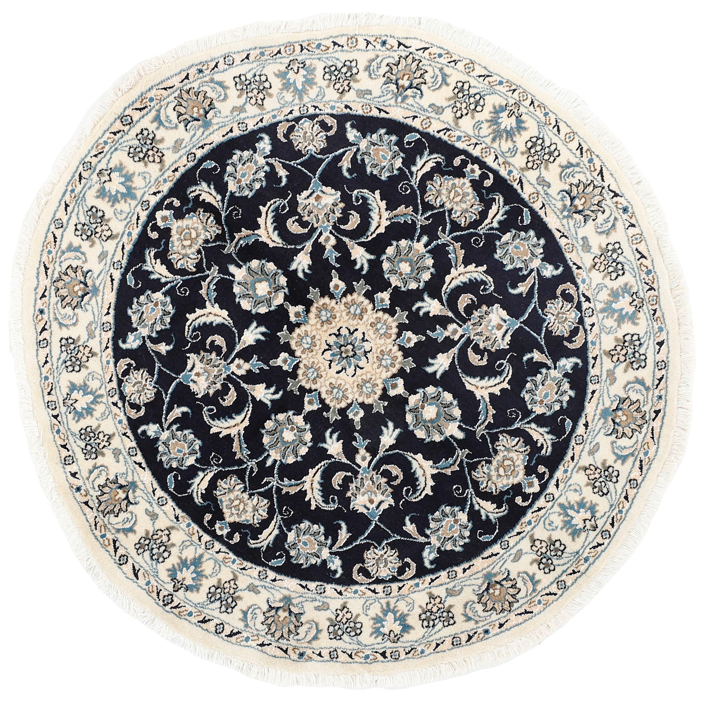 Authentic persian circle rug with a traditional floral design in black and beige