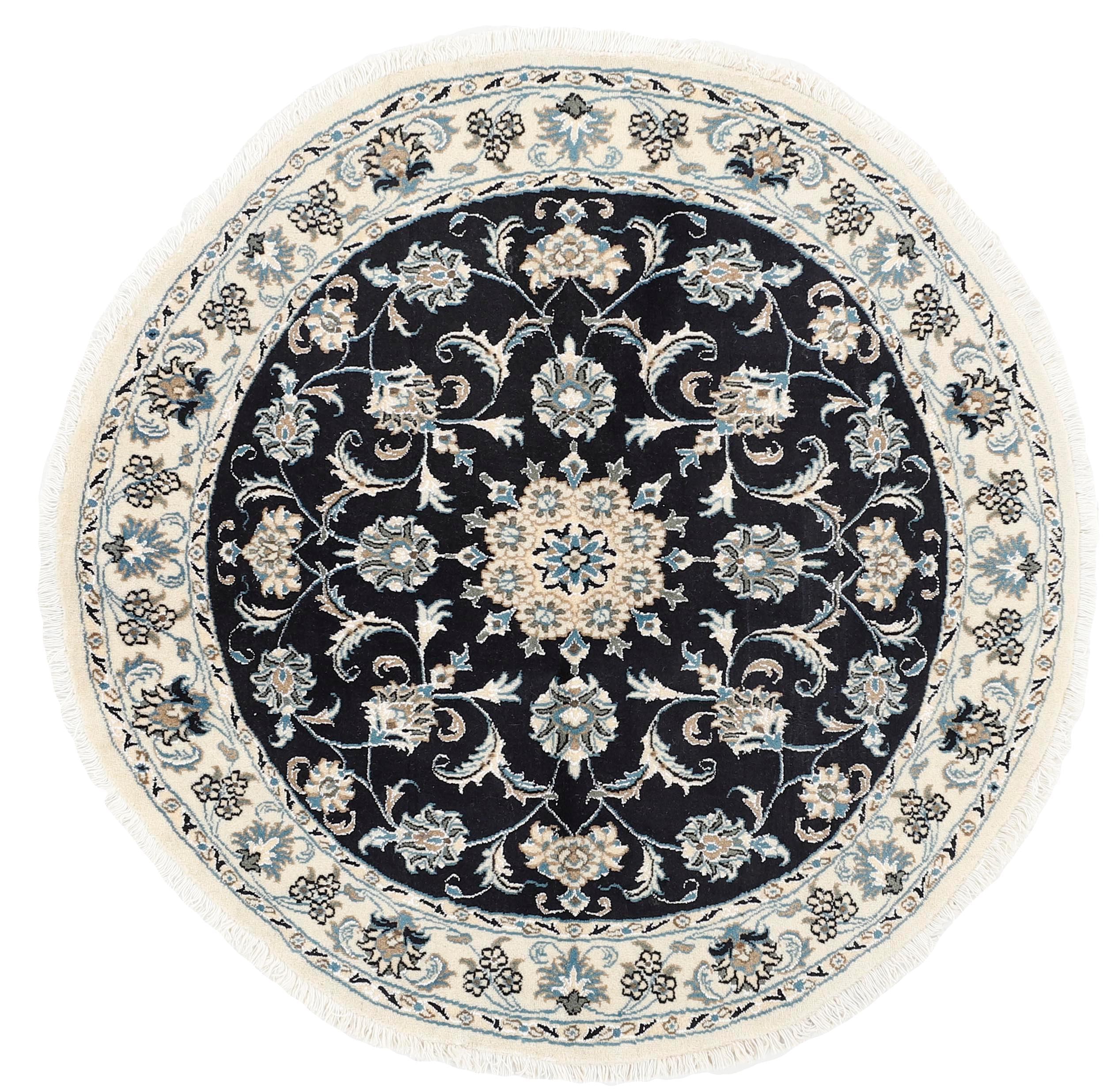 Authentic persian circle rug with a traditional floral design in black and beige