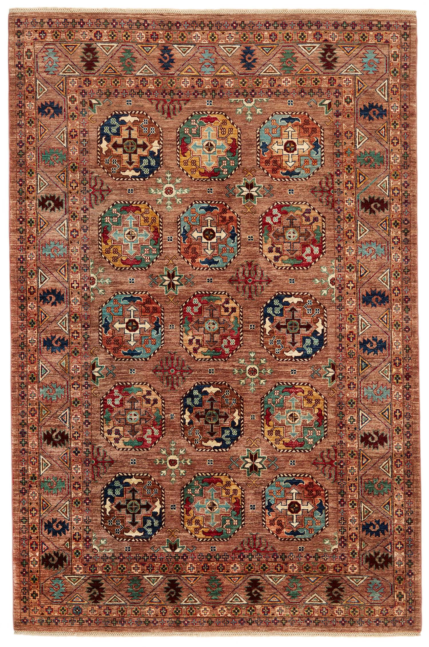 oriental rug with red, yellow, blue, green, sky, beige and brown floral pattern
