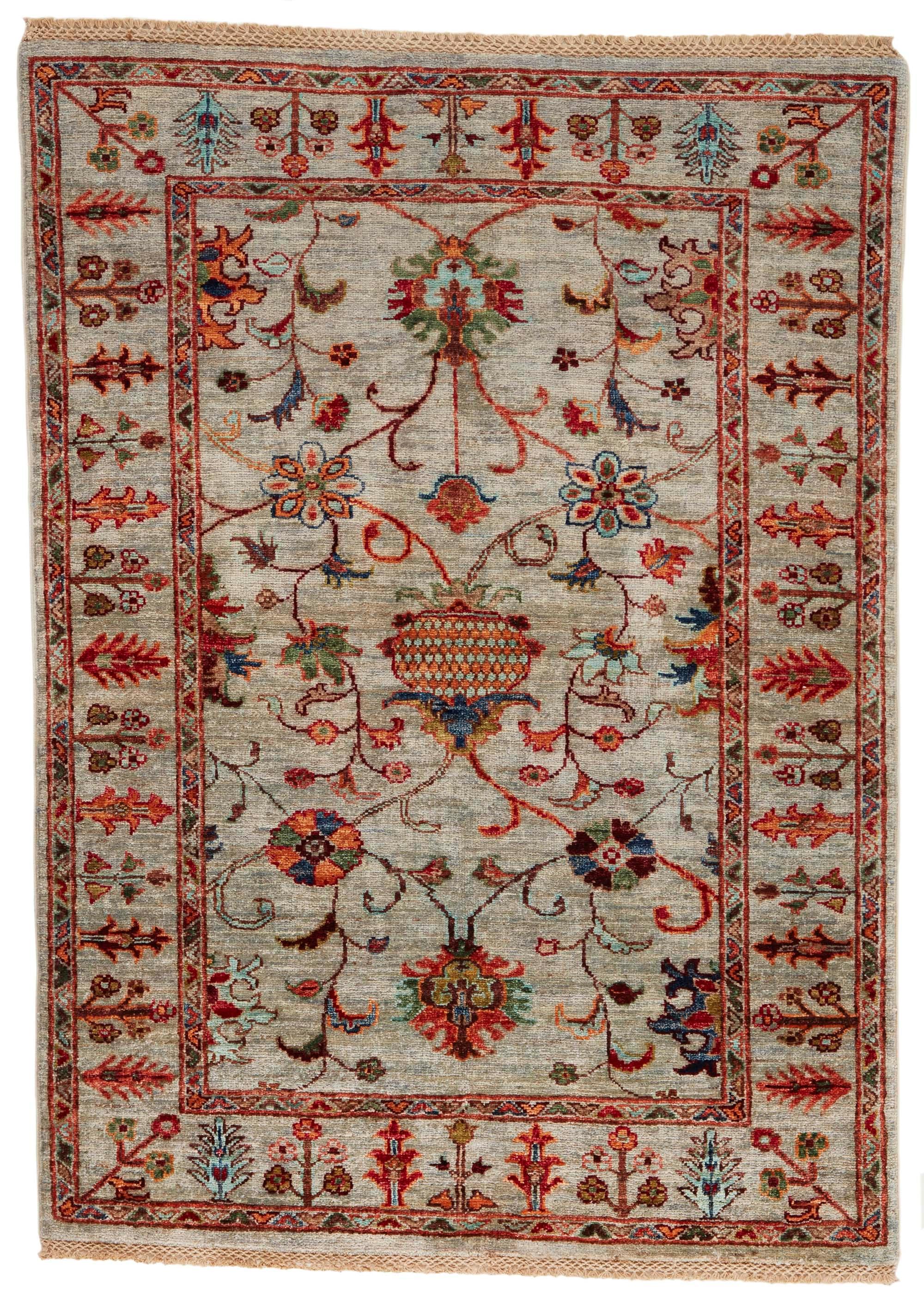 oriental rug with red, yellow, blue, green, sky, beige and brown floral pattern