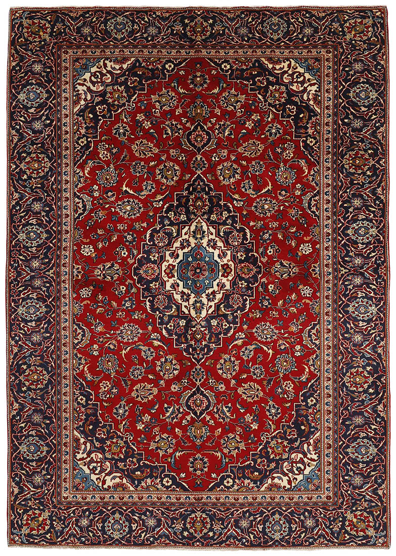 authentic persian rug with traditional floral pattern in cream, blue and red