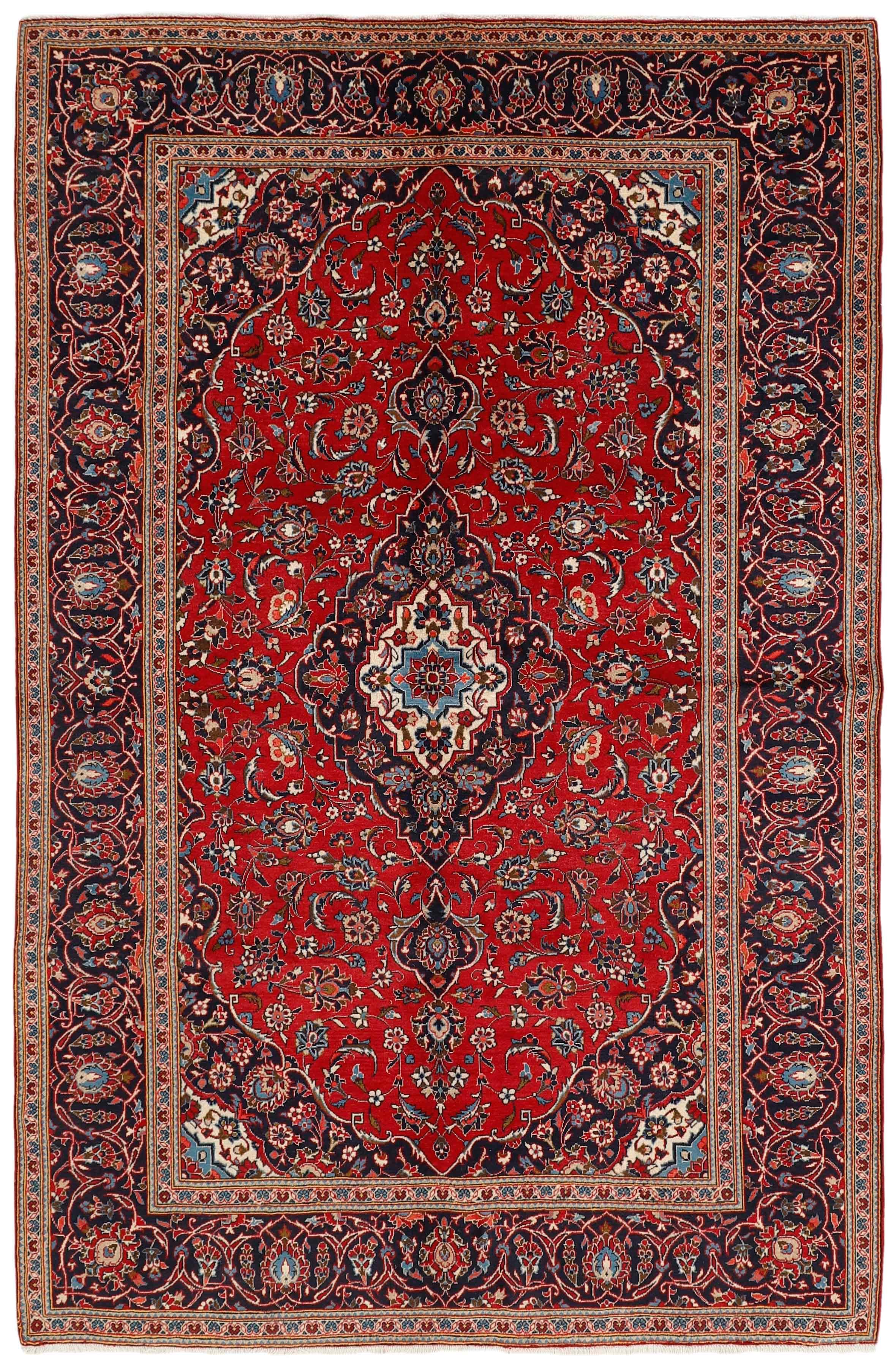Authentic persian rug with traditional floral design in red and blue