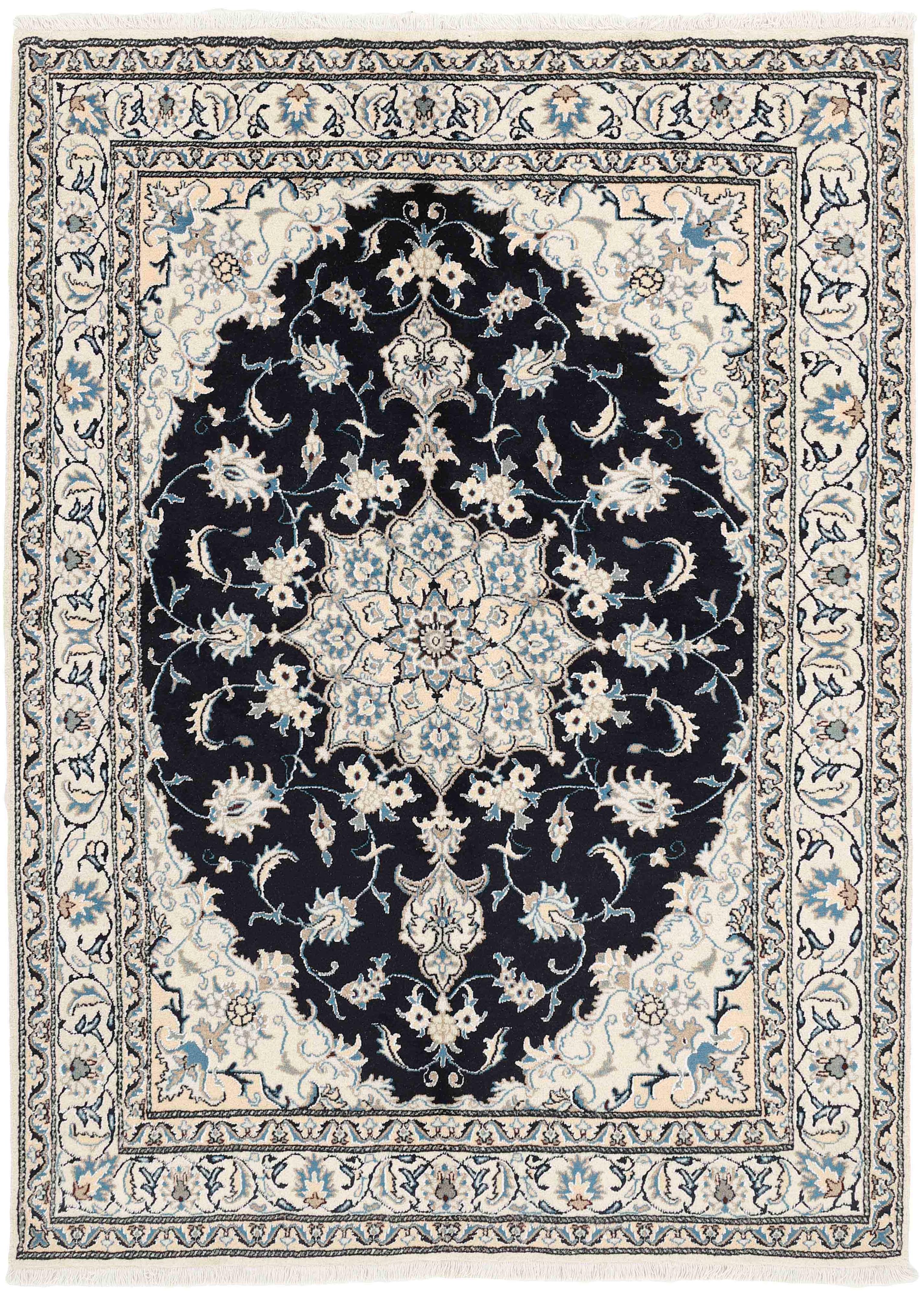 Authentic persian rug with a traditional floral design in cream, blue and black