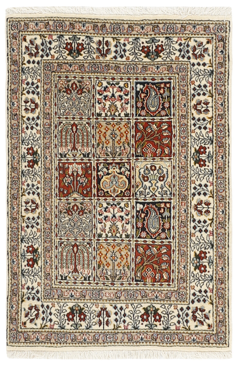 authentic persian rug with floral pattern in red, pink, yellow, blue, green, beige, brown and black