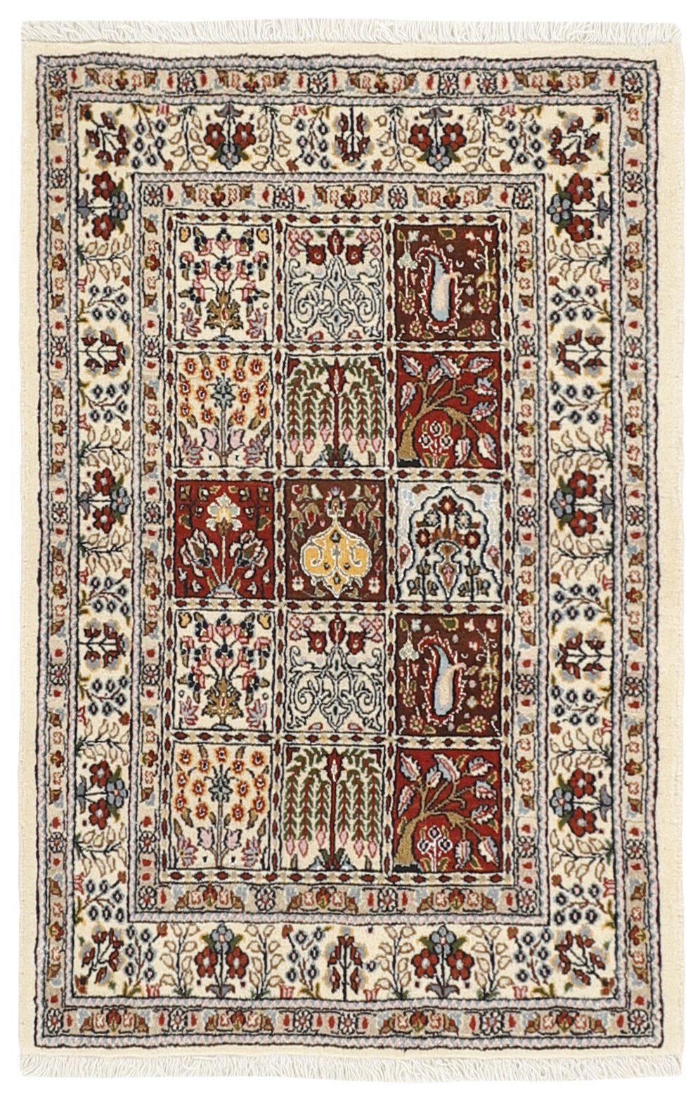 authentic persian rug with floral pattern in red, pink, yellow, blue, green, beige, brown and black