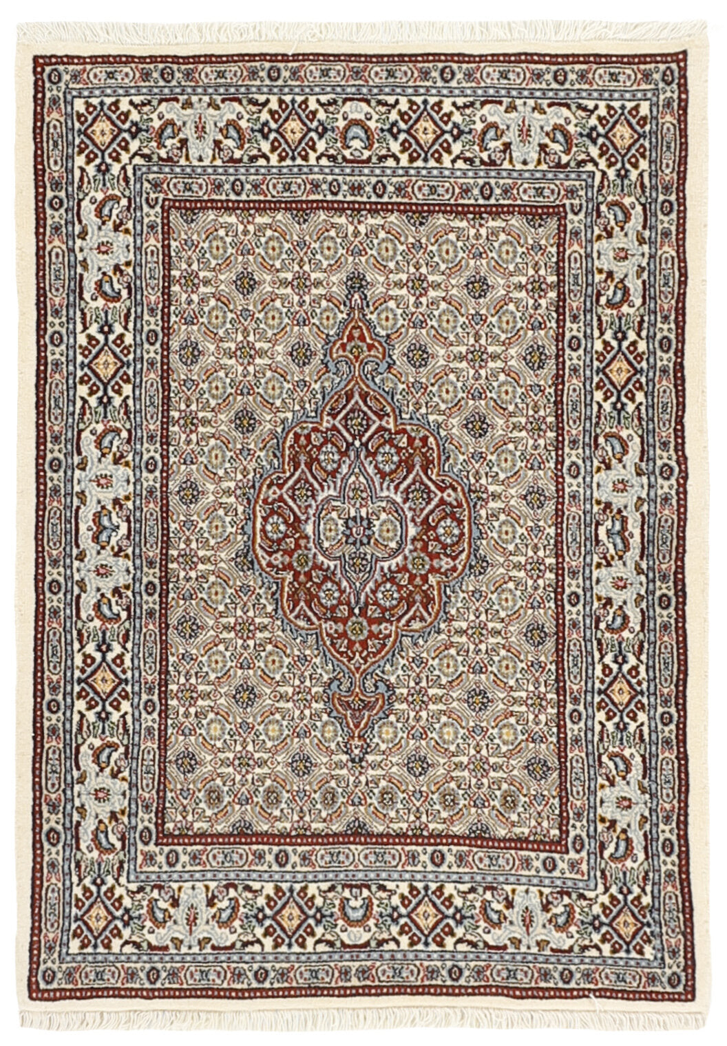 authentic persian rug with traditional floral pattern in red, pink, yellow, blue, green, cream, beige, brown and black