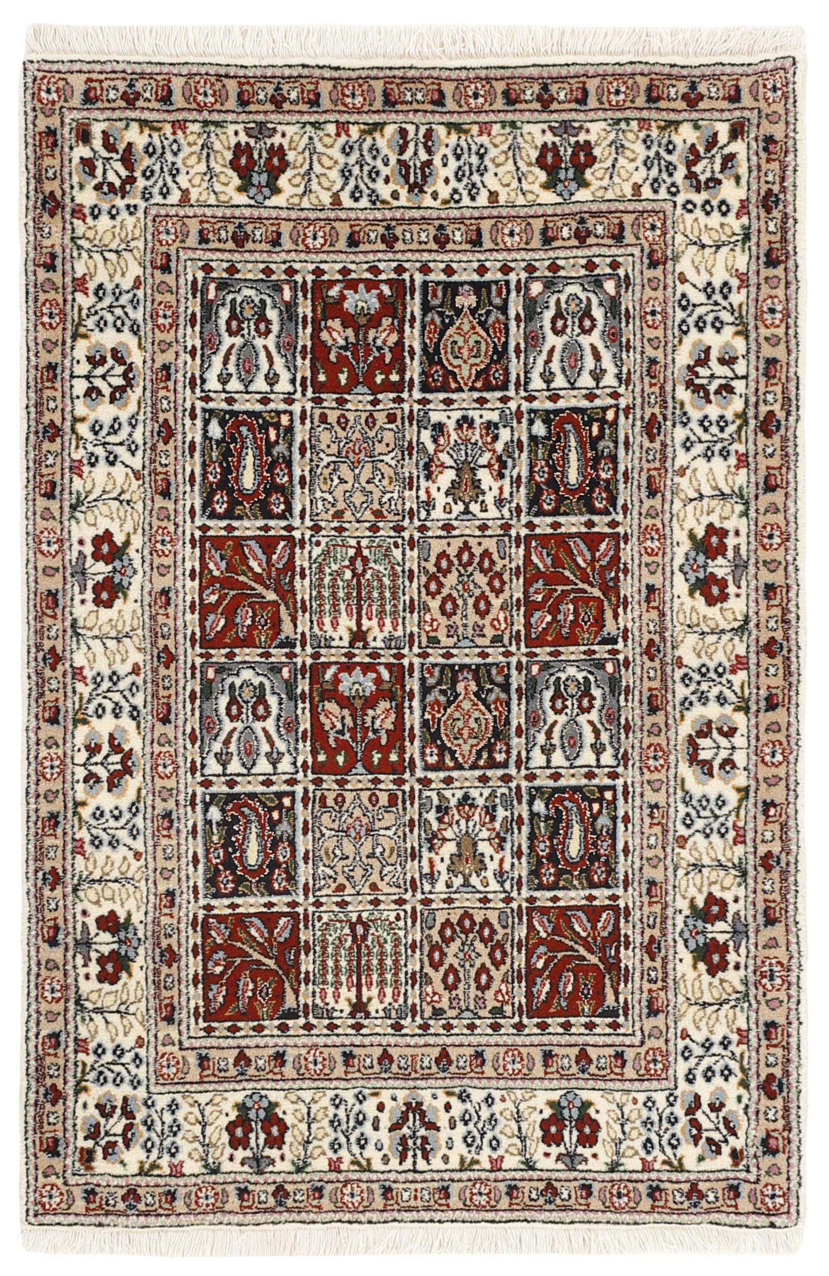 authentic persian rug with floral pattern in red, pink, yellow, blue, green, beige, brown and black