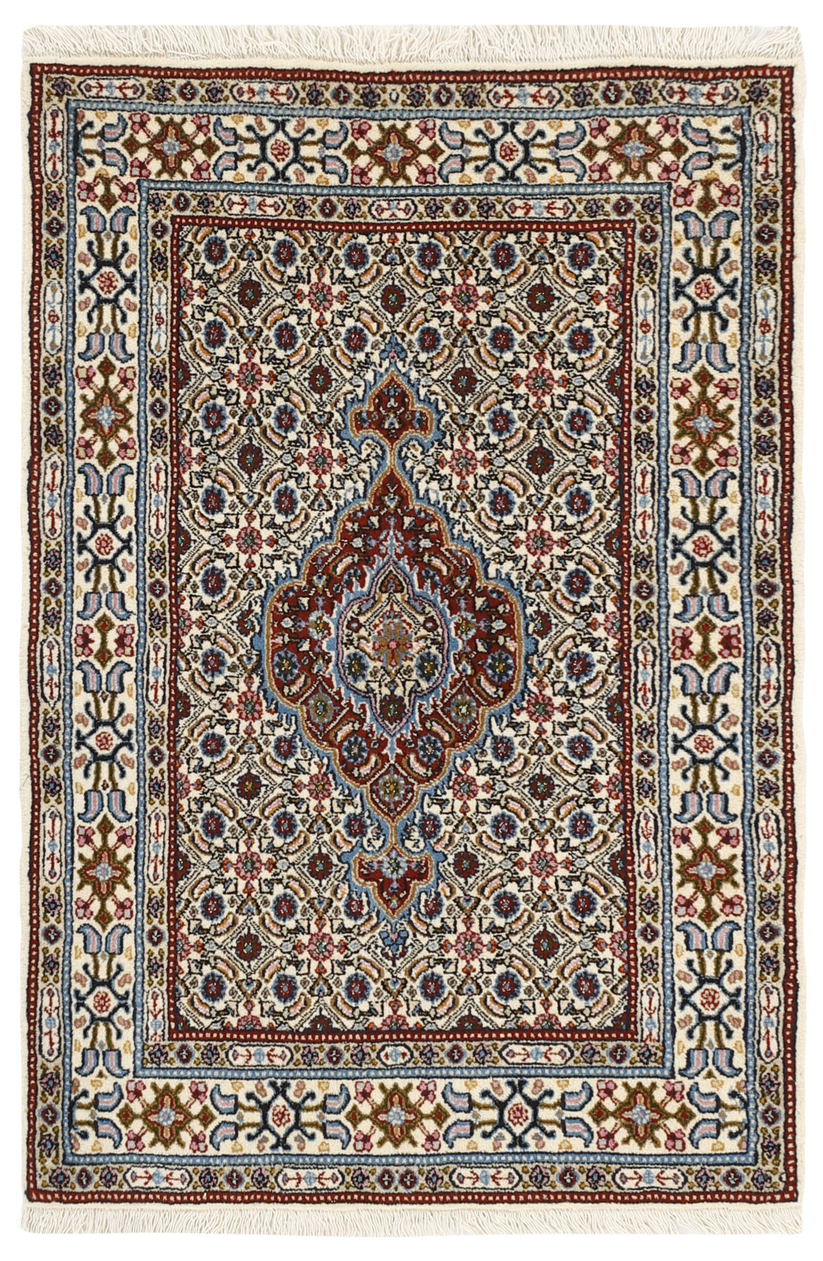 authentic persian rug with traditional floral pattern in red, pink, yellow, blue, green, cream, beige, brown and black