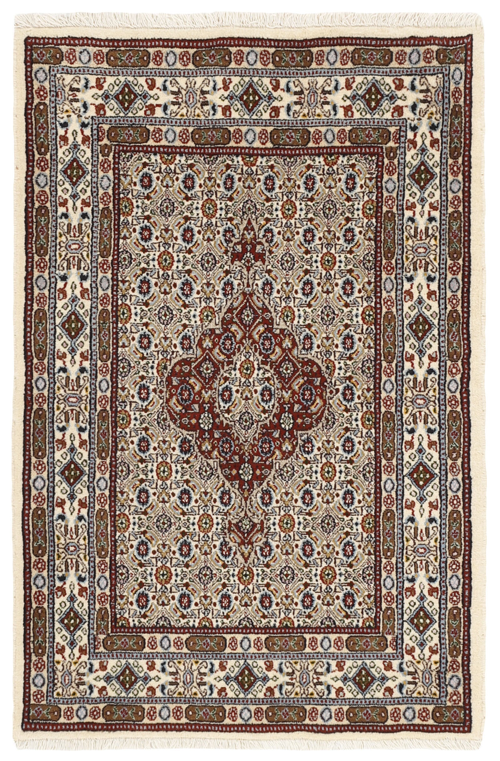 authentic persian rug with traditional floral pattern in red, pink, yellow, blue, green, cream, beige, brown and black
