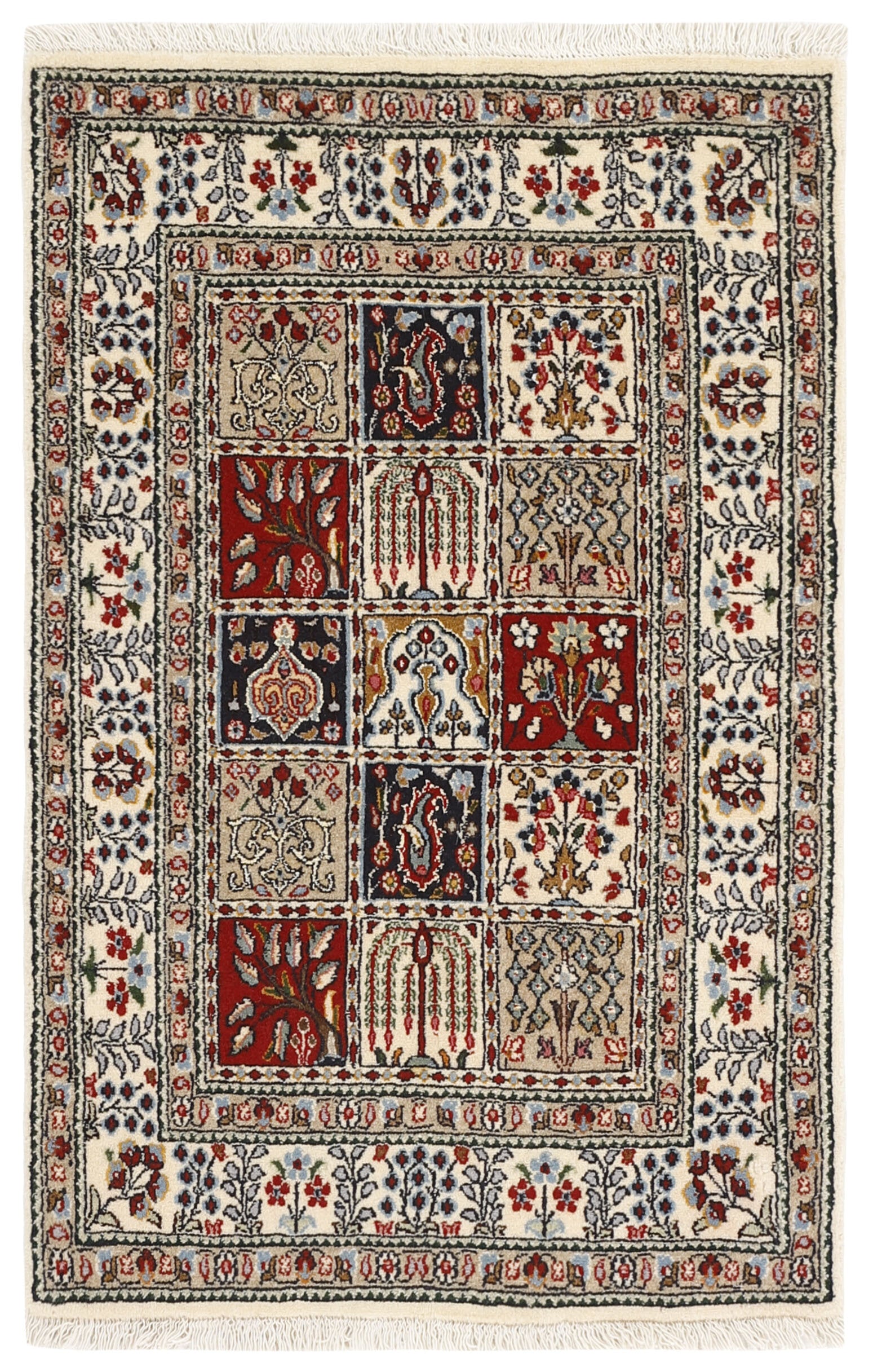 authentic persian rug with floral pattern in red, pink, yellow, blue, green, beige, brown and black