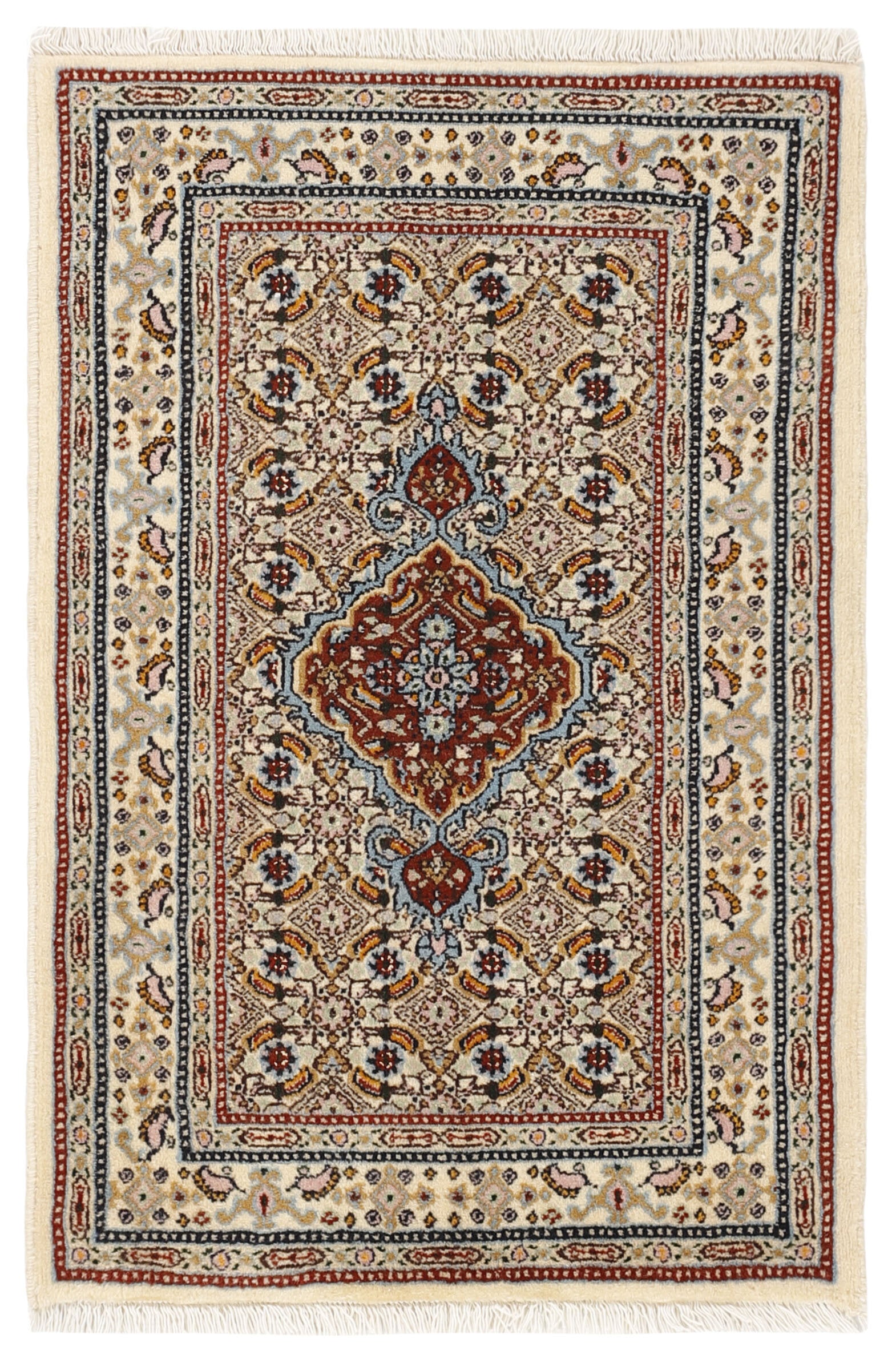 authentic persian rug with traditional floral pattern in red, pink, yellow, blue, green, cream, beige, brown and black