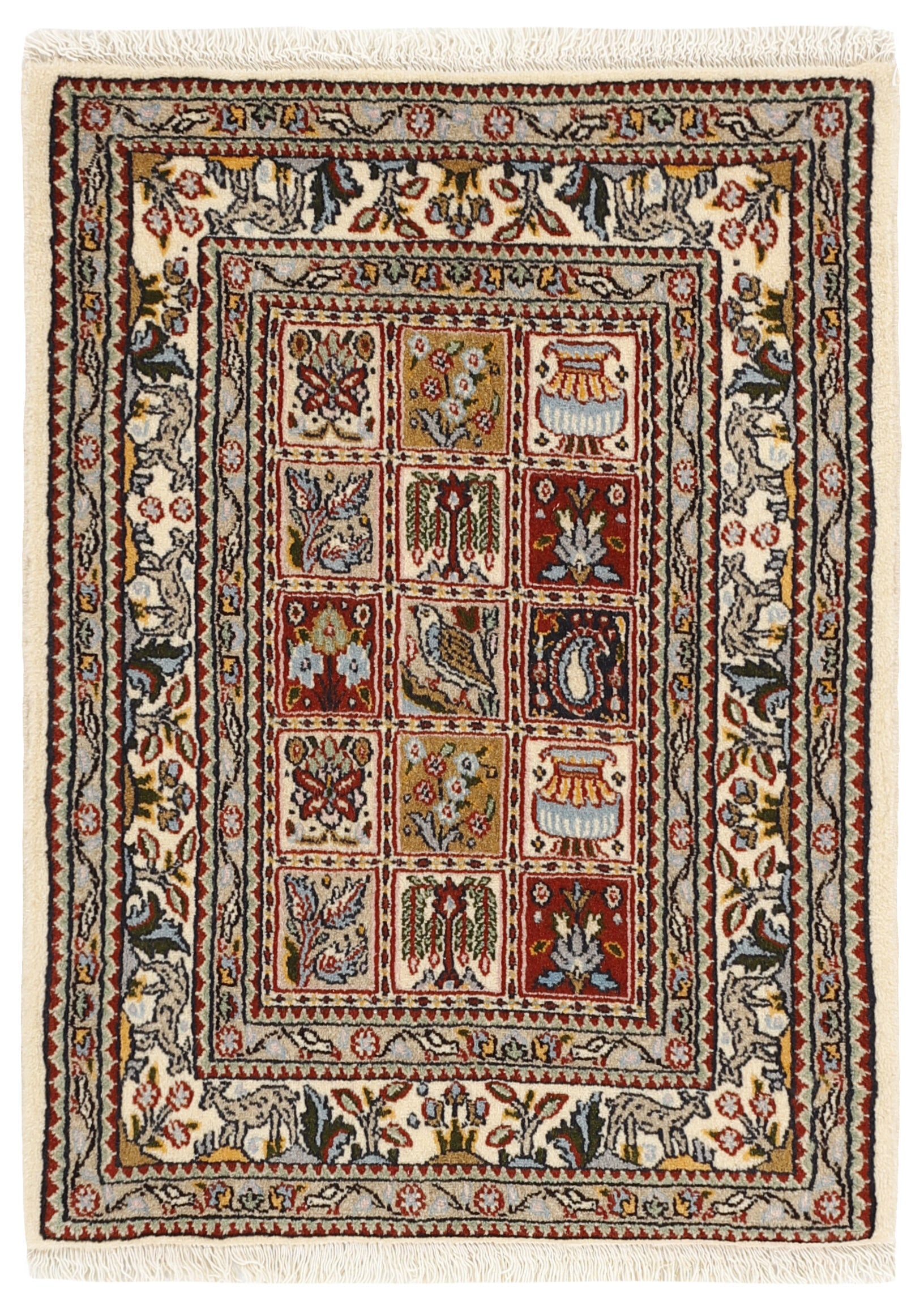 authentic persian rug with traditional floral pattern in red, pink, yellow, blue, green, cream, beige, brown and black