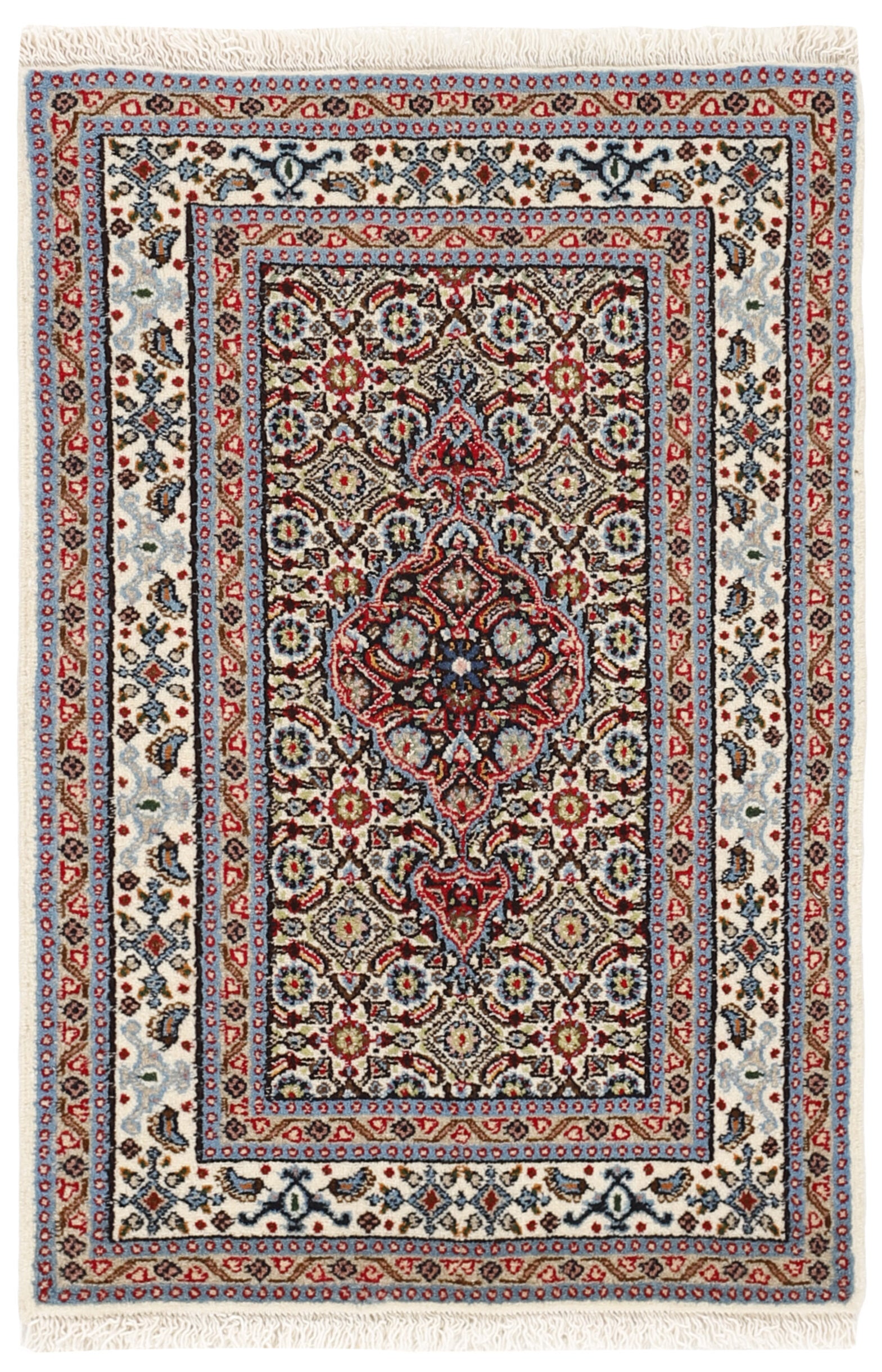 authentic persian rug with traditional floral pattern in red, pink, yellow, blue, green, cream, beige, brown and black