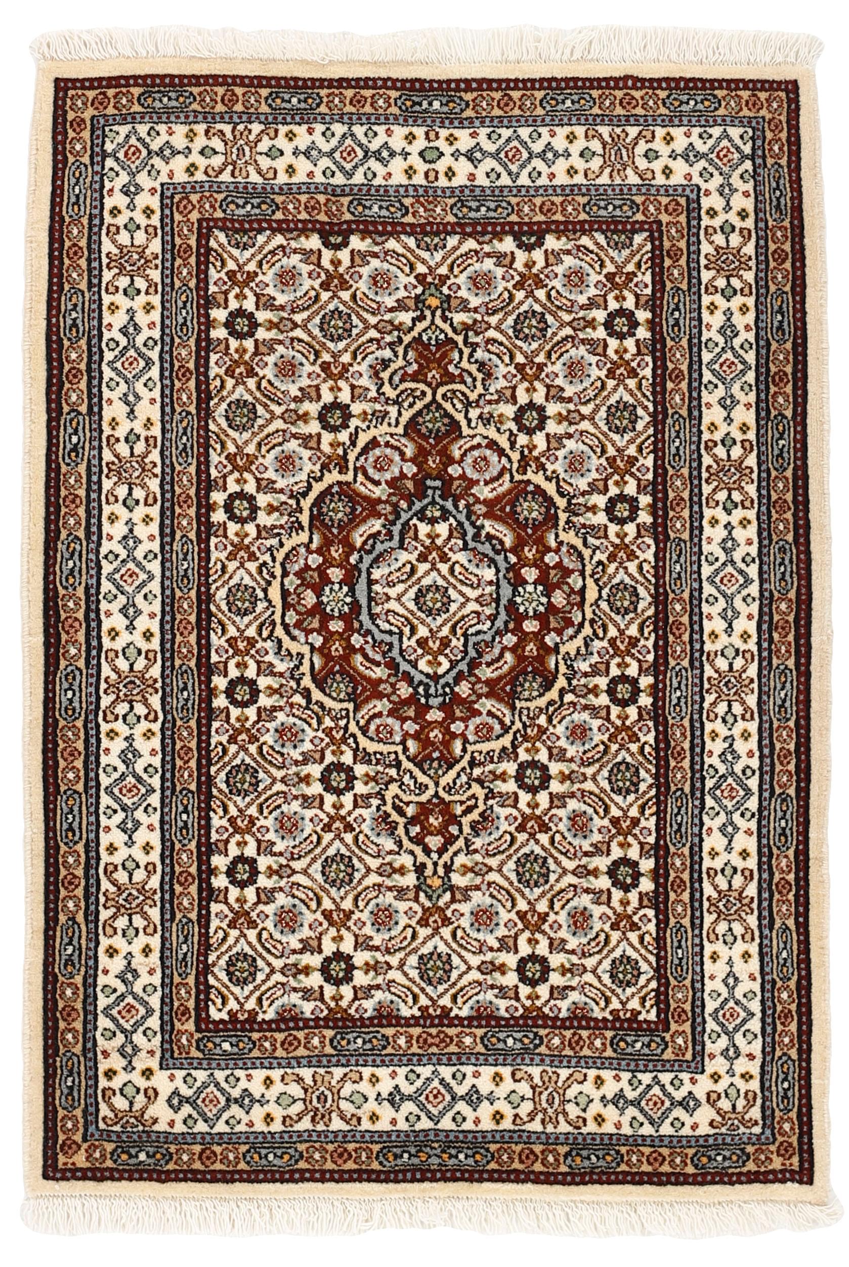 authentic persian rug with traditional floral pattern in red, blue, beige, brown and black