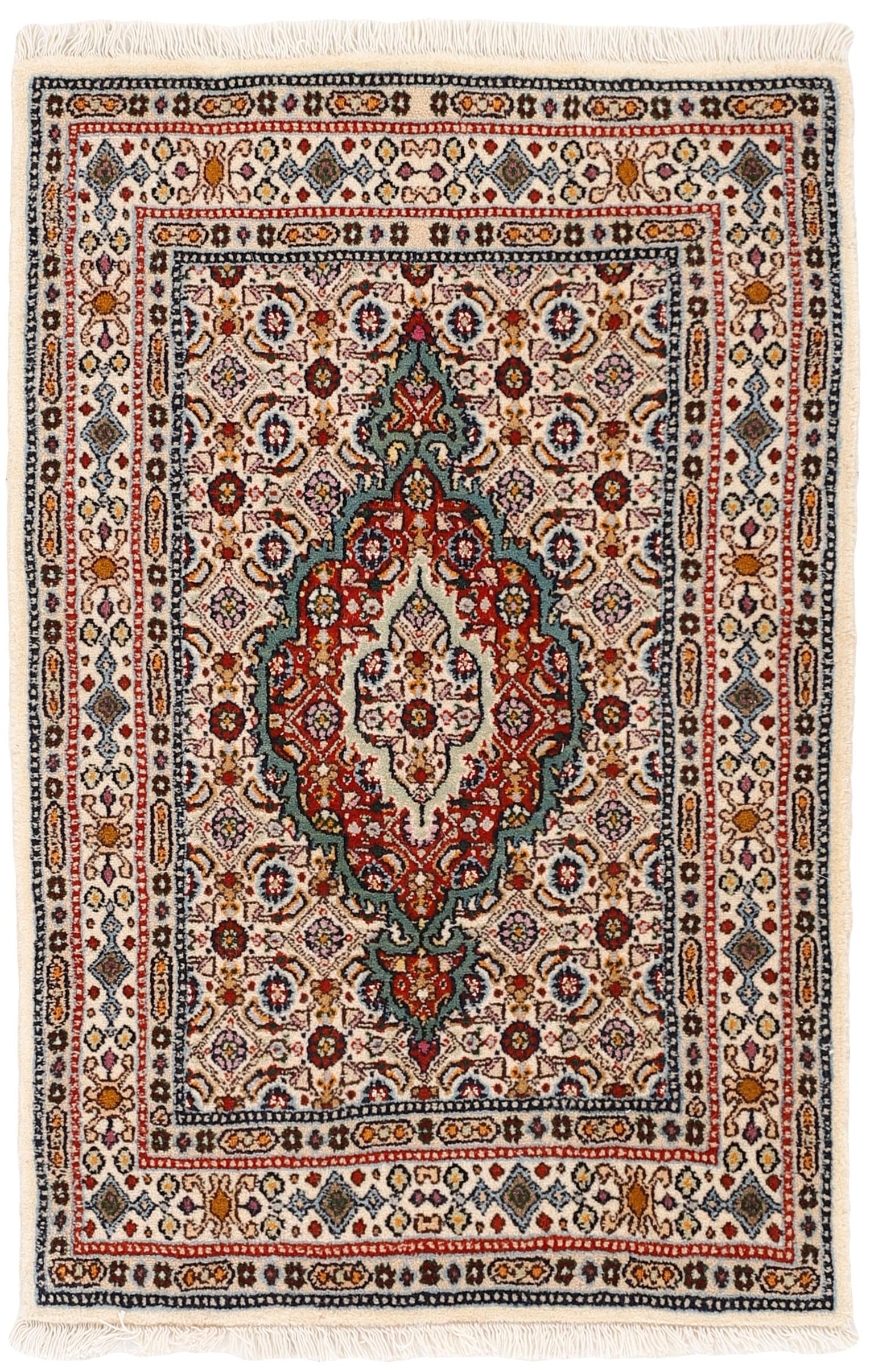 authentic persian rug with traditional floral pattern in red, blue, beige, brown and black