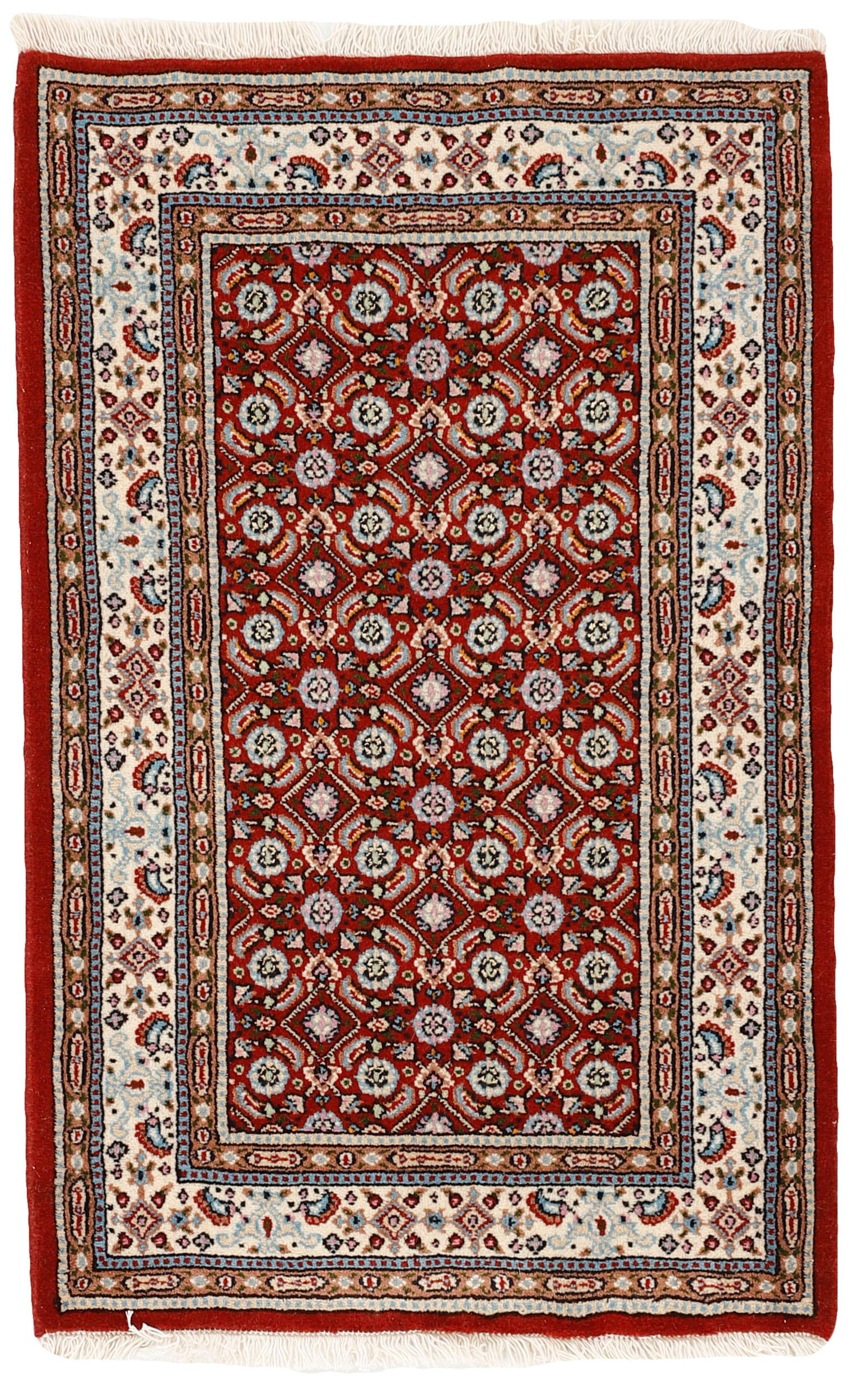authentic persian rug with traditional floral pattern in red, blue, beige, brown and black