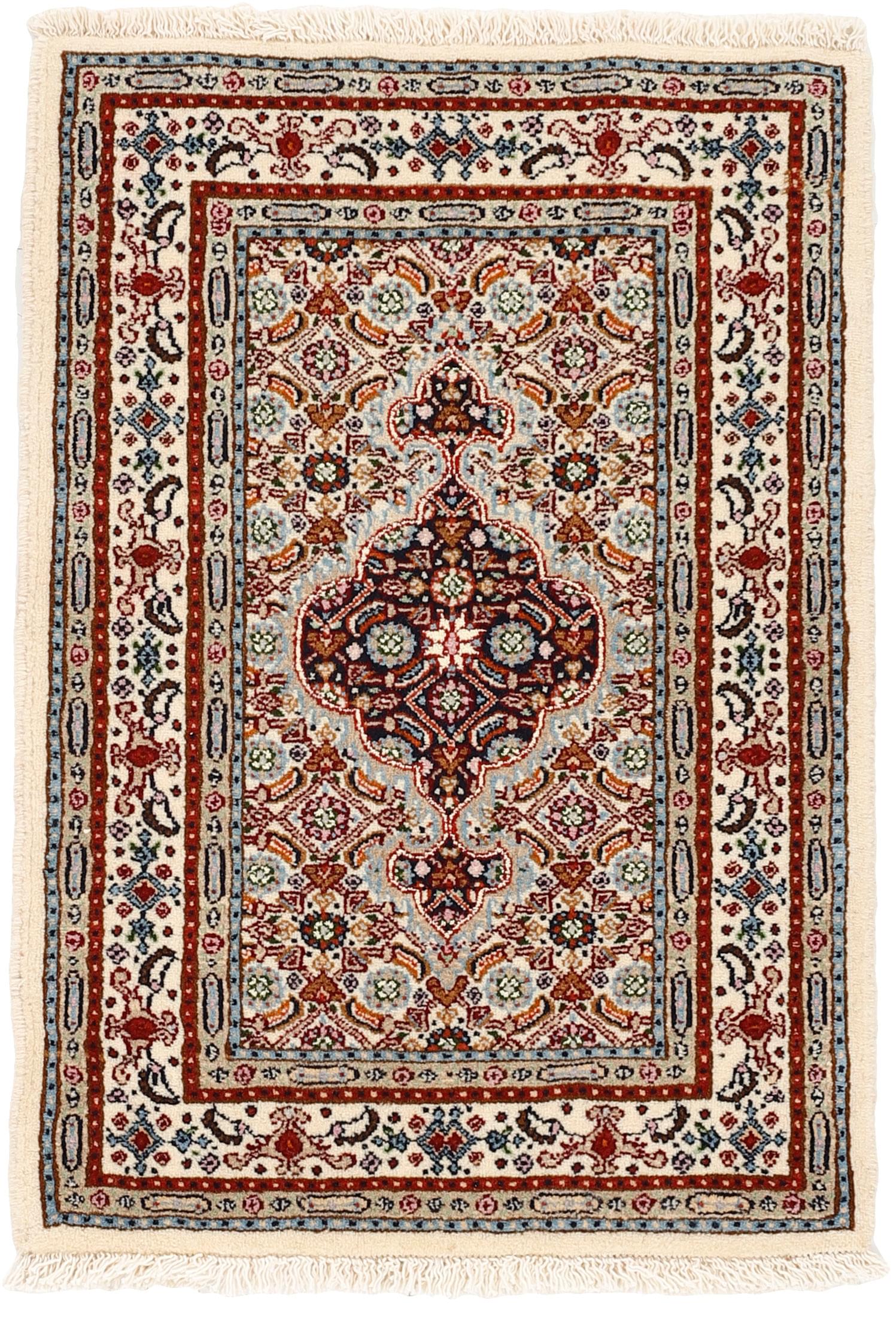 authentic persian rug with traditional floral pattern in red, blue, beige, brown and black