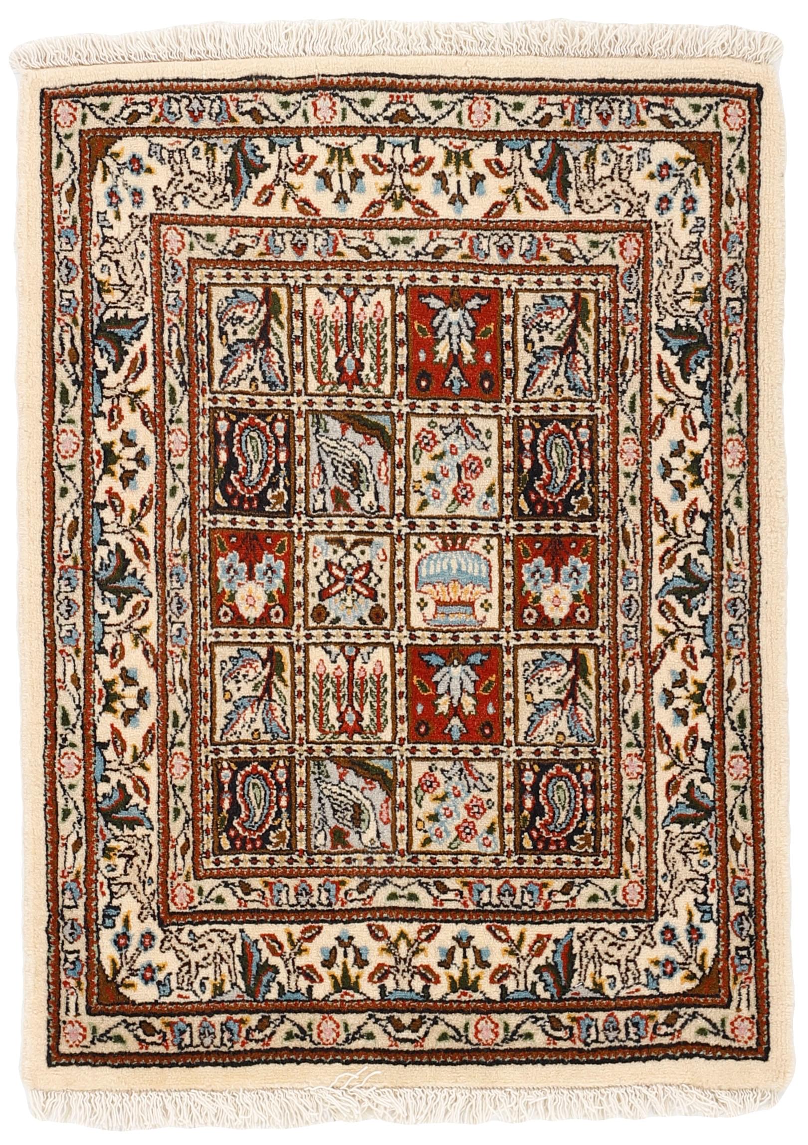 authentic persian rug with floral pattern in beige, blue and red