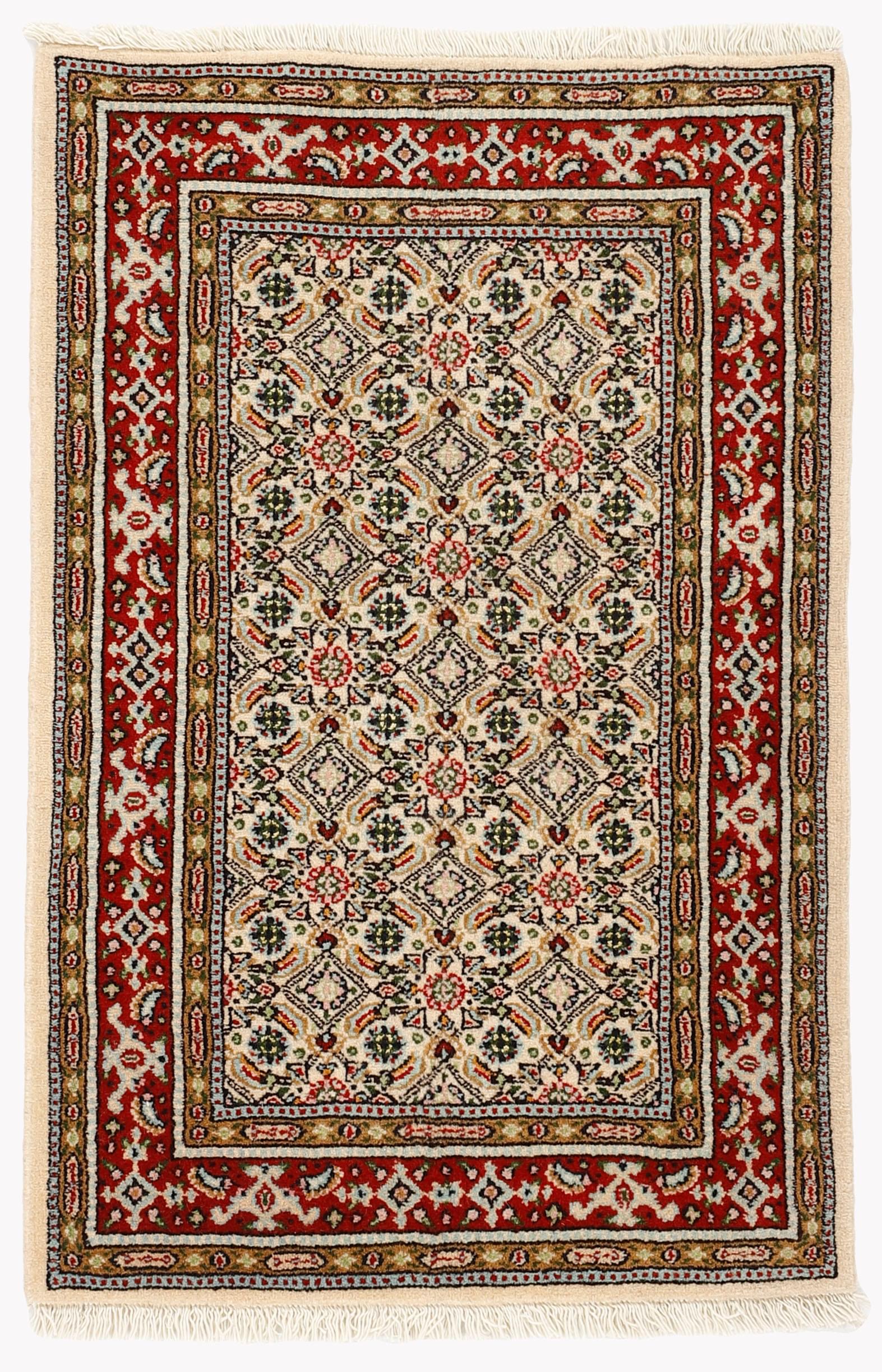 authentic persian rug with traditional floral pattern in red, blue, beige, brown and black