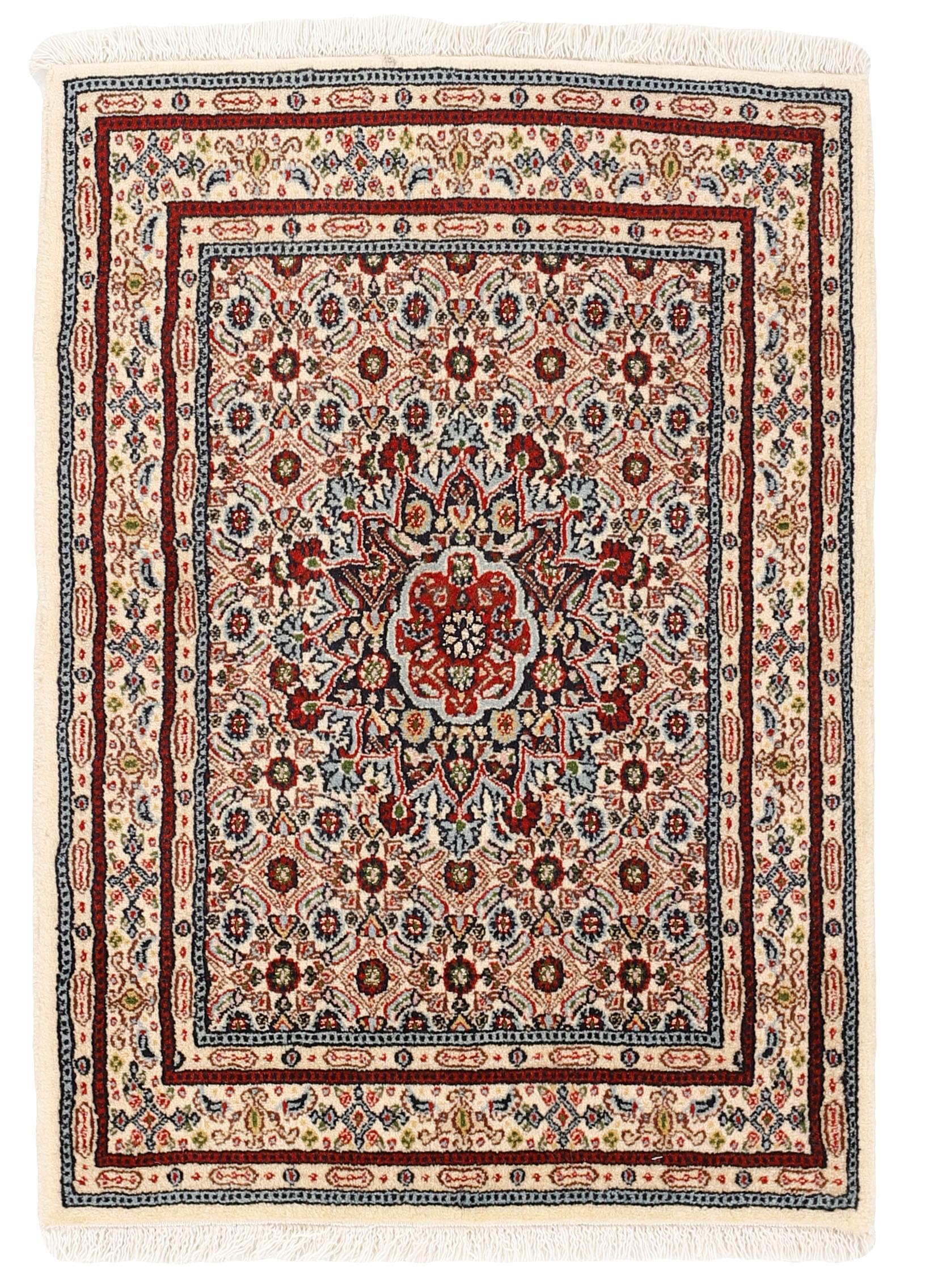 authentic persian rug with traditional floral pattern in red, blue, beige, brown and black