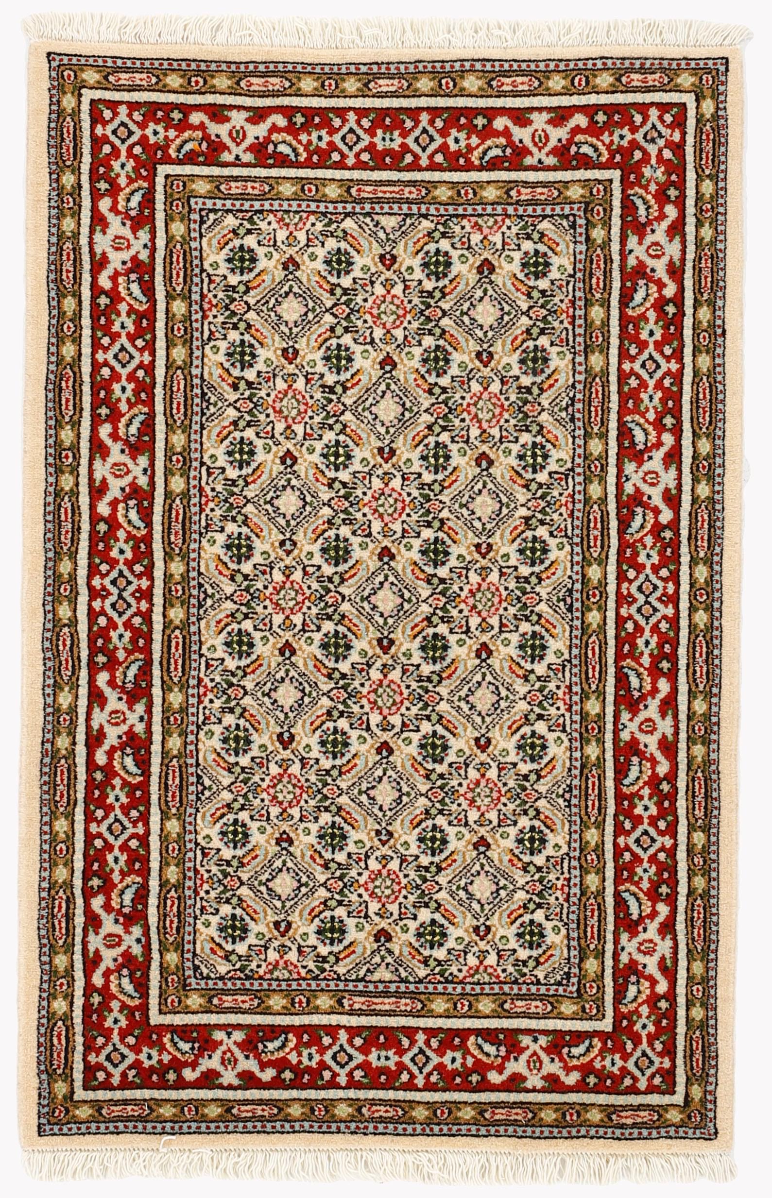 authentic persian rug with traditional floral pattern in red, blue, beige, brown and black