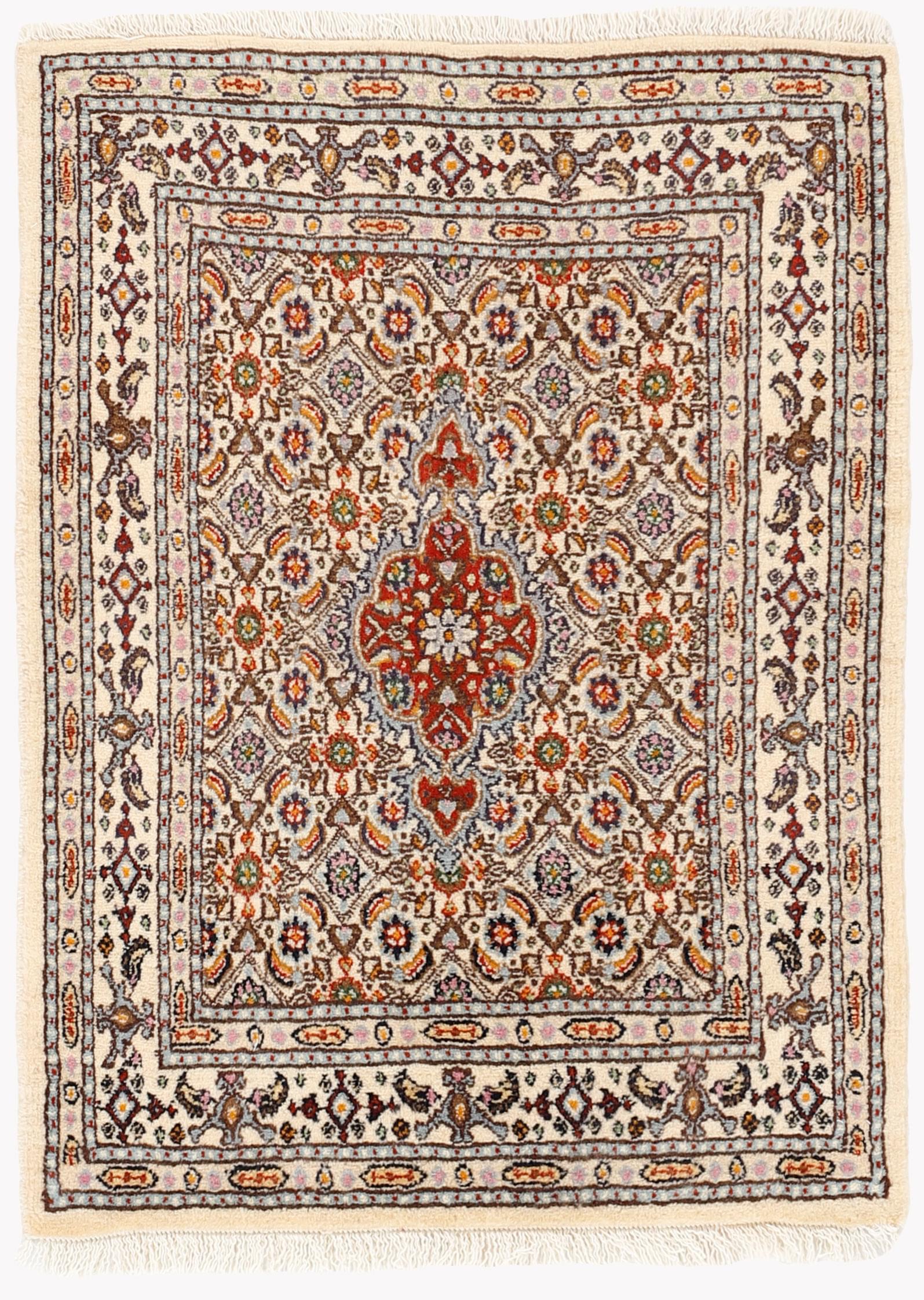 authentic persian rug with traditional floral pattern in red, blue, beige, brown and black