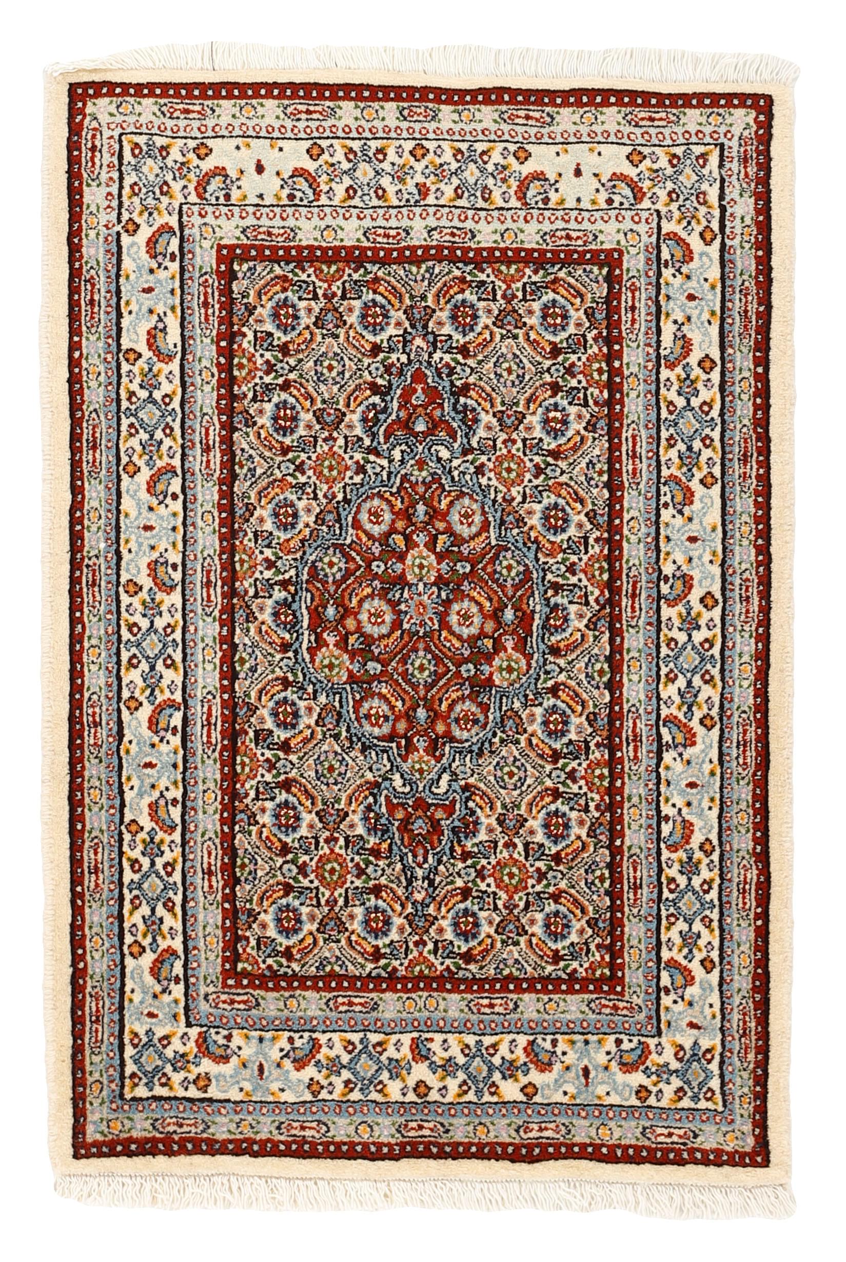 authentic persian rug with traditional floral pattern in red, blue, beige, brown and black