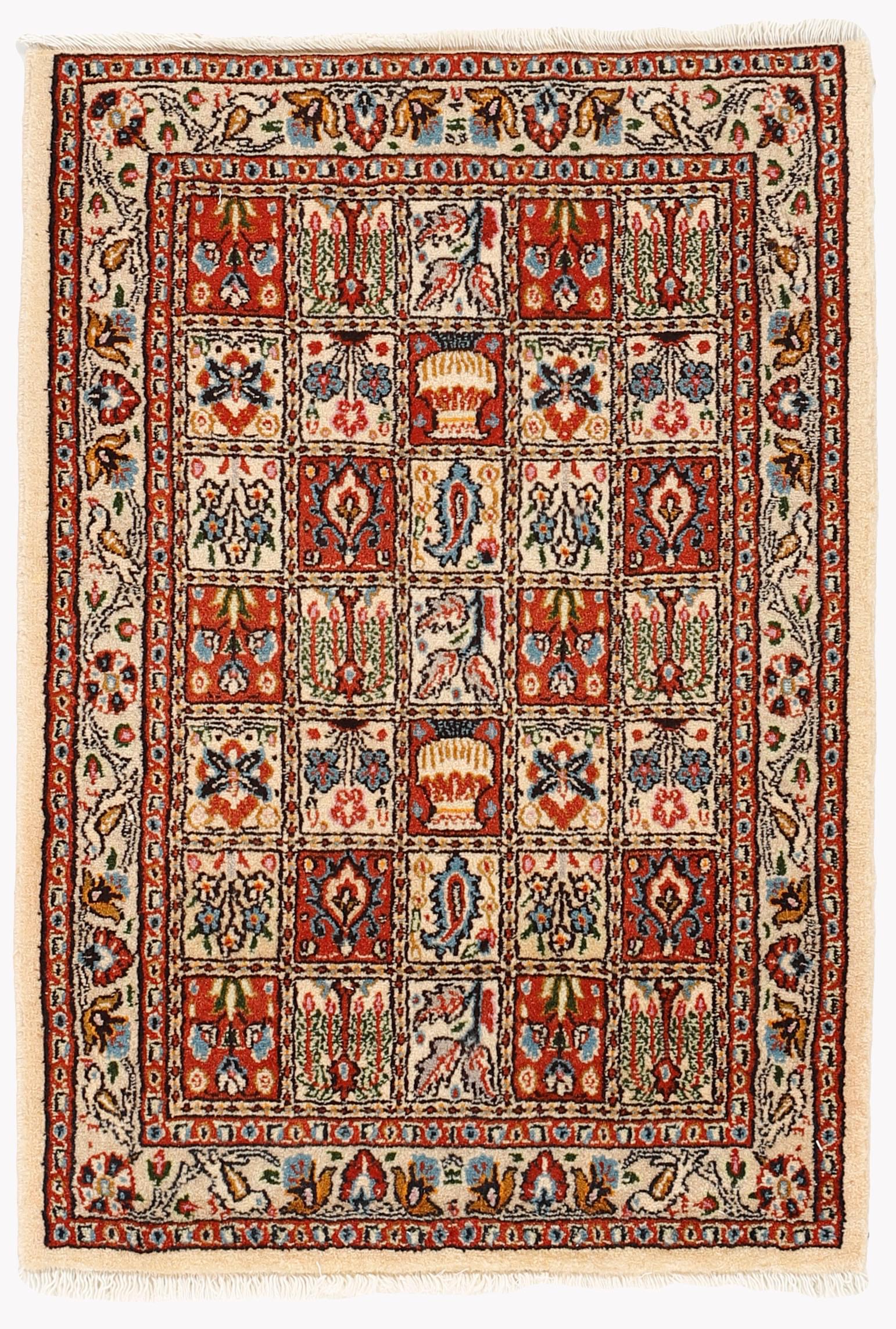 authentic persian rug with floral pattern in beige, blue and red