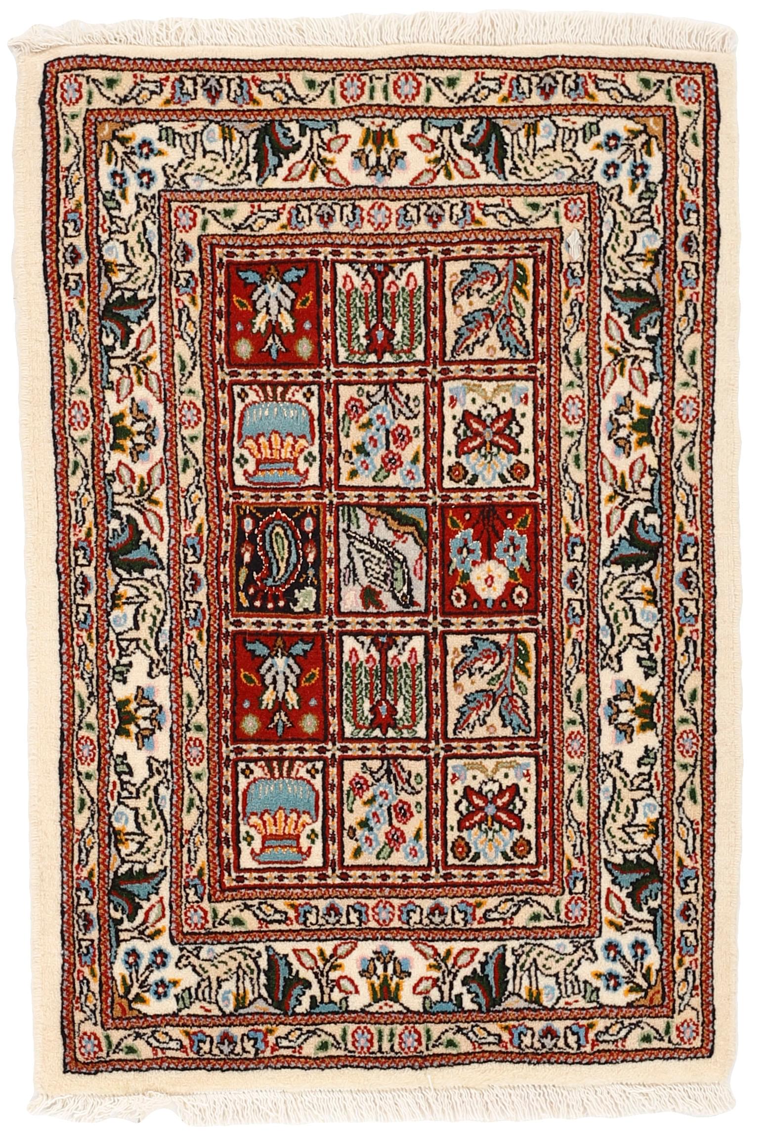 authentic persian rug with floral pattern in beige, blue and red