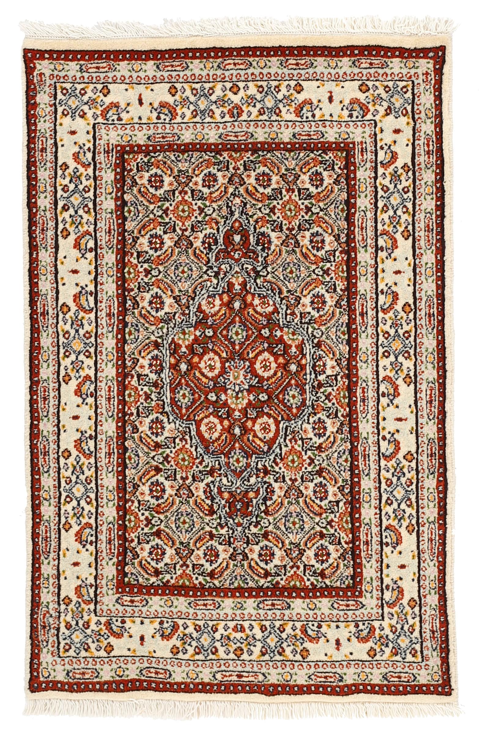 authentic persian rug with traditional floral pattern in red, blue, beige, brown and black