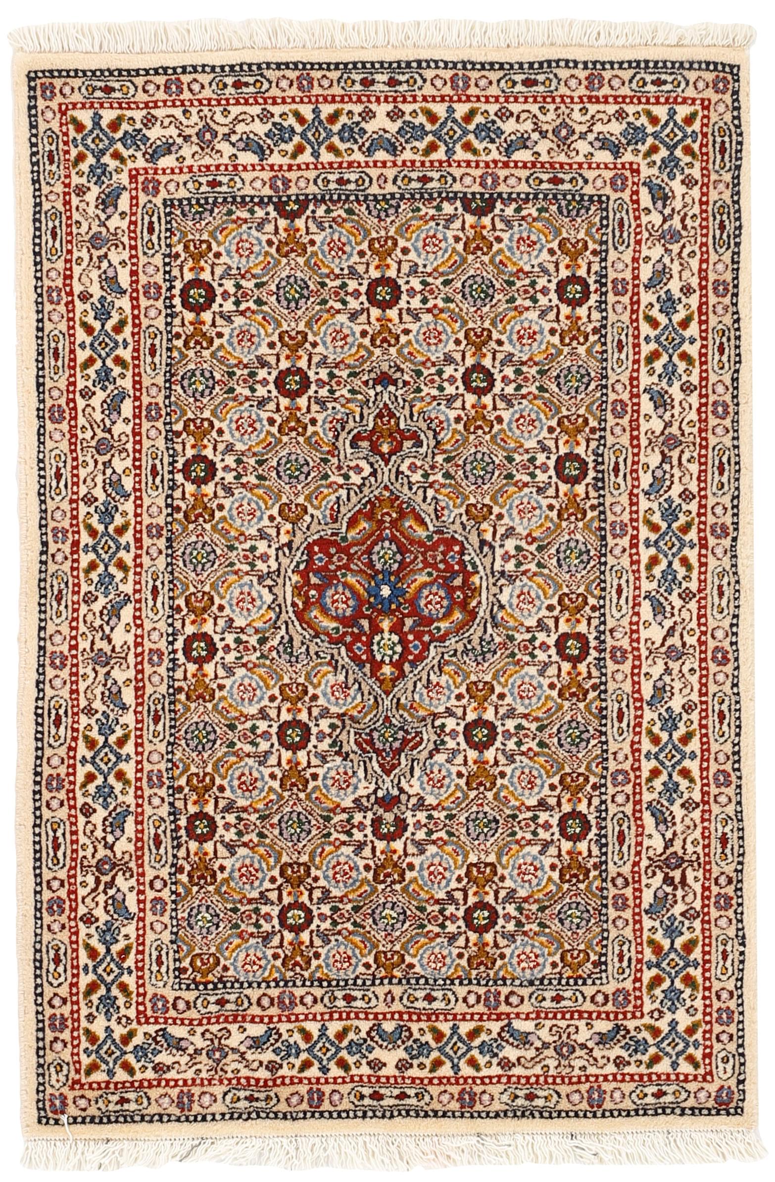 authentic persian rug with traditional floral pattern in red, blue, beige, brown and black