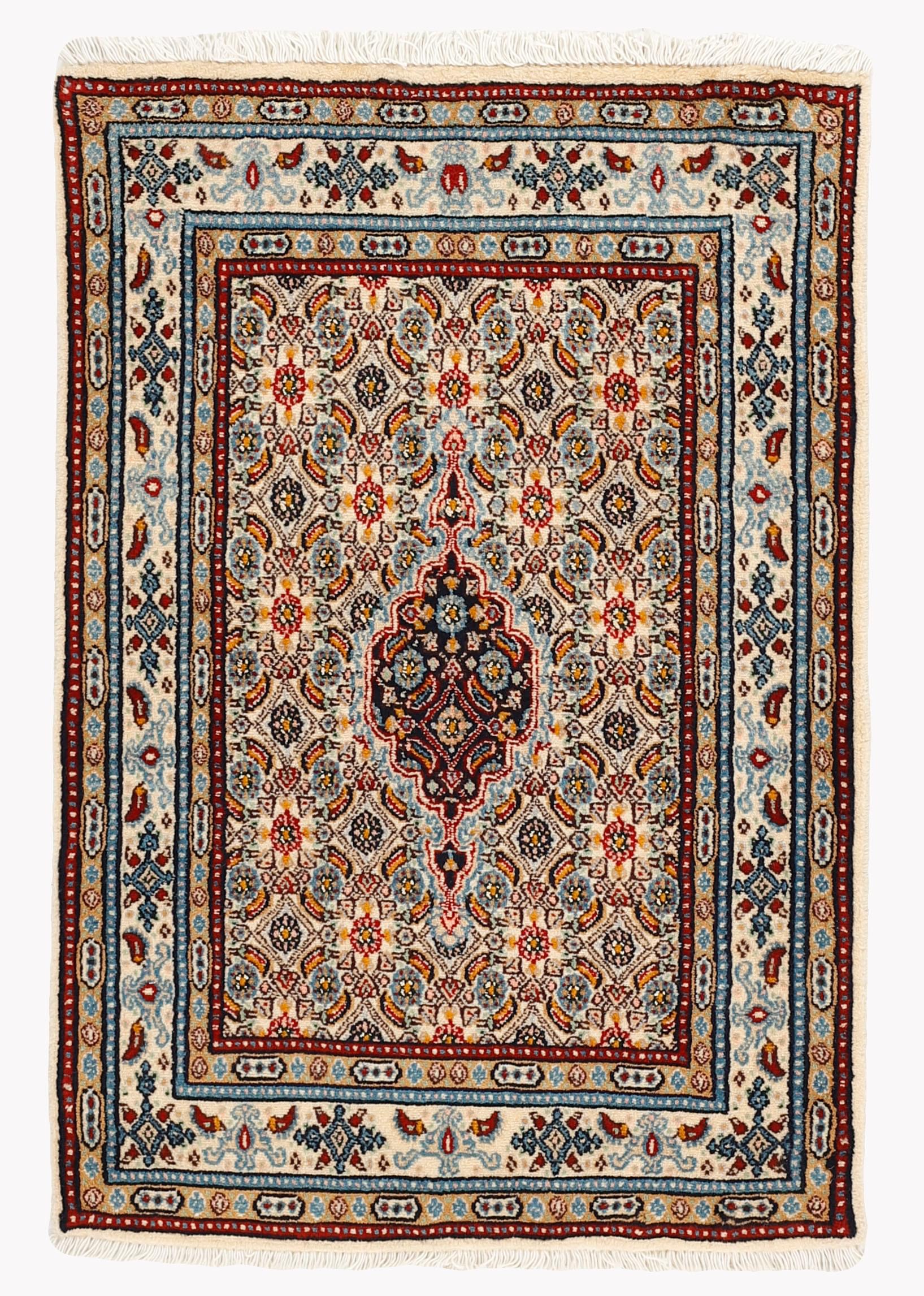 authentic persian rug with traditional floral pattern in red, blue, beige, brown and black