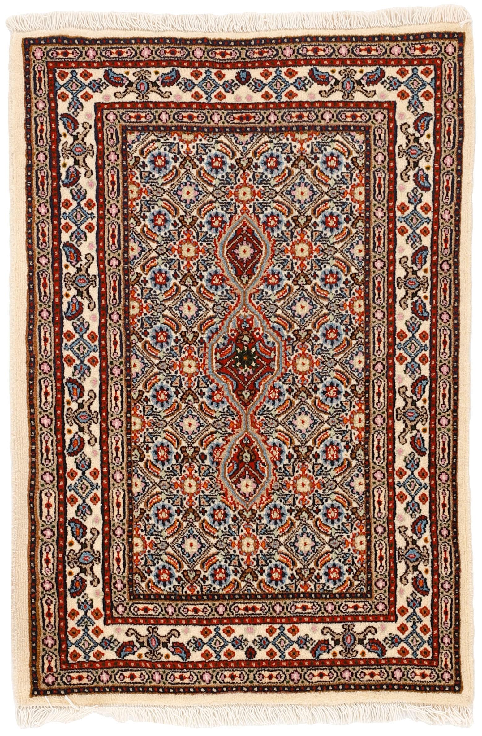authentic persian rug with traditional floral pattern in red, blue, beige, brown and black