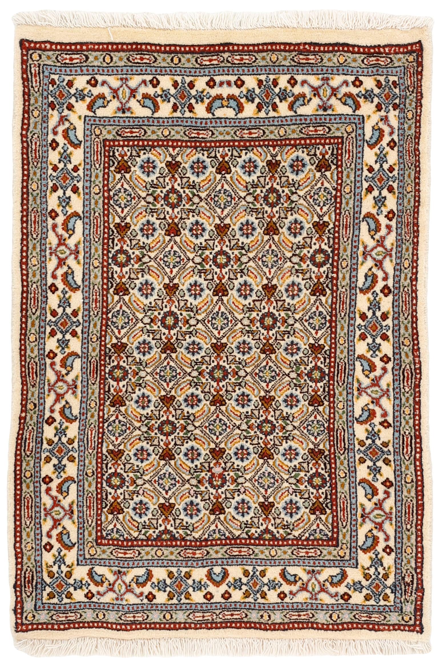 authentic persian rug with traditional floral pattern in red, blue, beige, brown and black